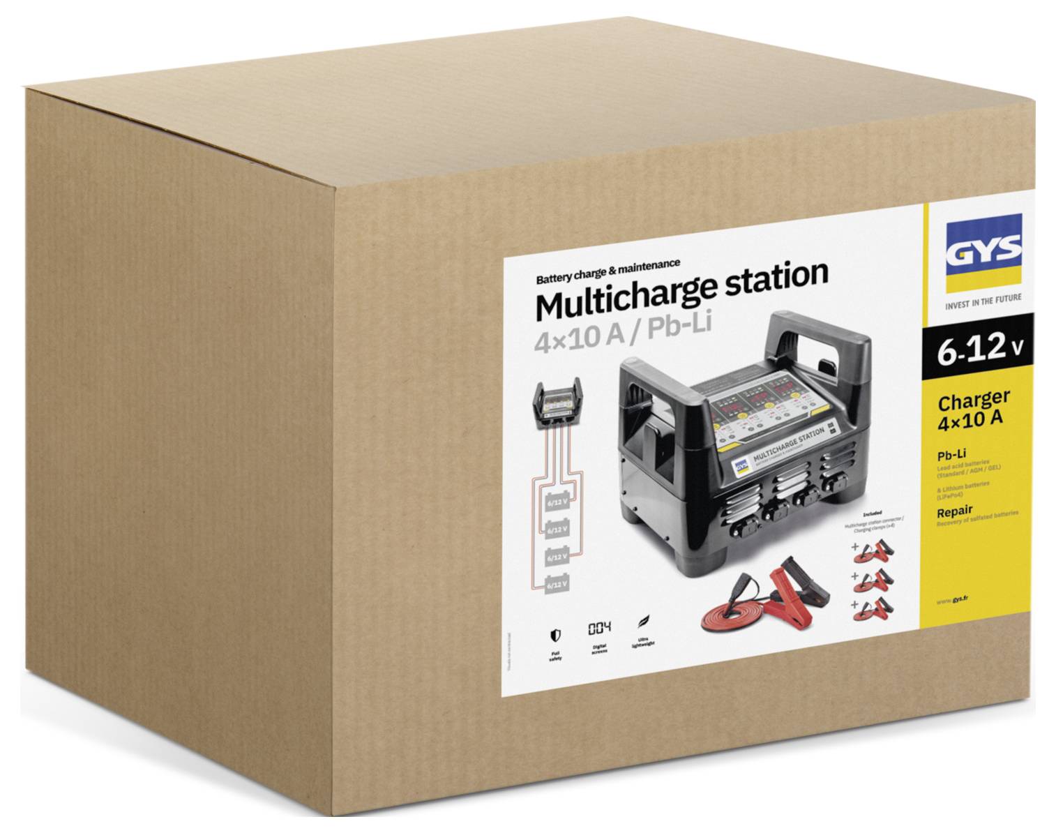 Skříň zobrazující "Multinásobnou nabíjecí stanici" pro nabíjení a údržbu baterií, 4x10 A/Pb-Li, vhodná pro 6-12 V, s ilustrovaným obrázkem produktu.