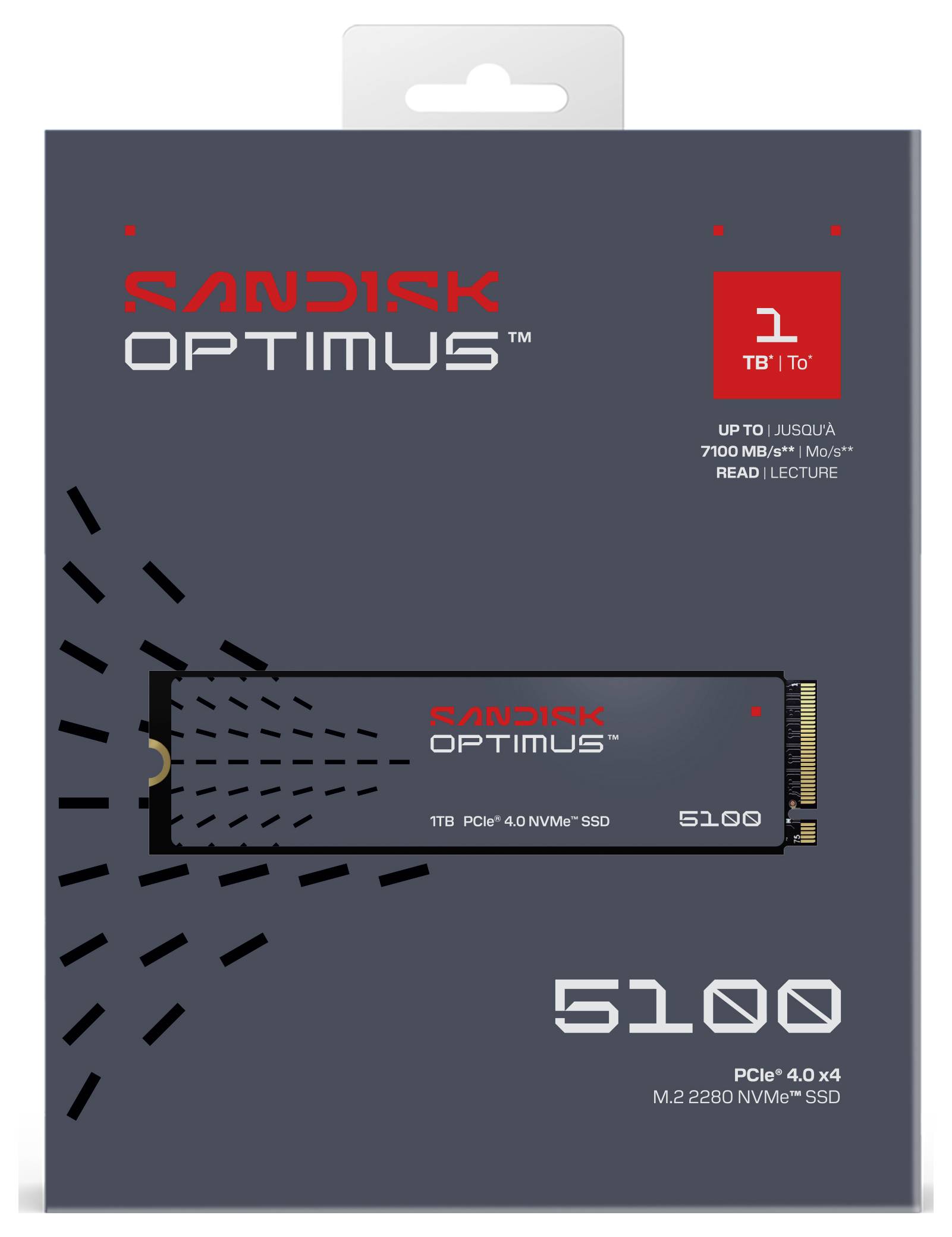 Balení 'SanDisk Optimus 1TB PCIe 4.0 NVMe SSD' zobrazující vizualizaci SSD a klíčové specifikace: rychlost čtení 7100 MB/s, PCIe 4.0 x4, formát M.2 2280.