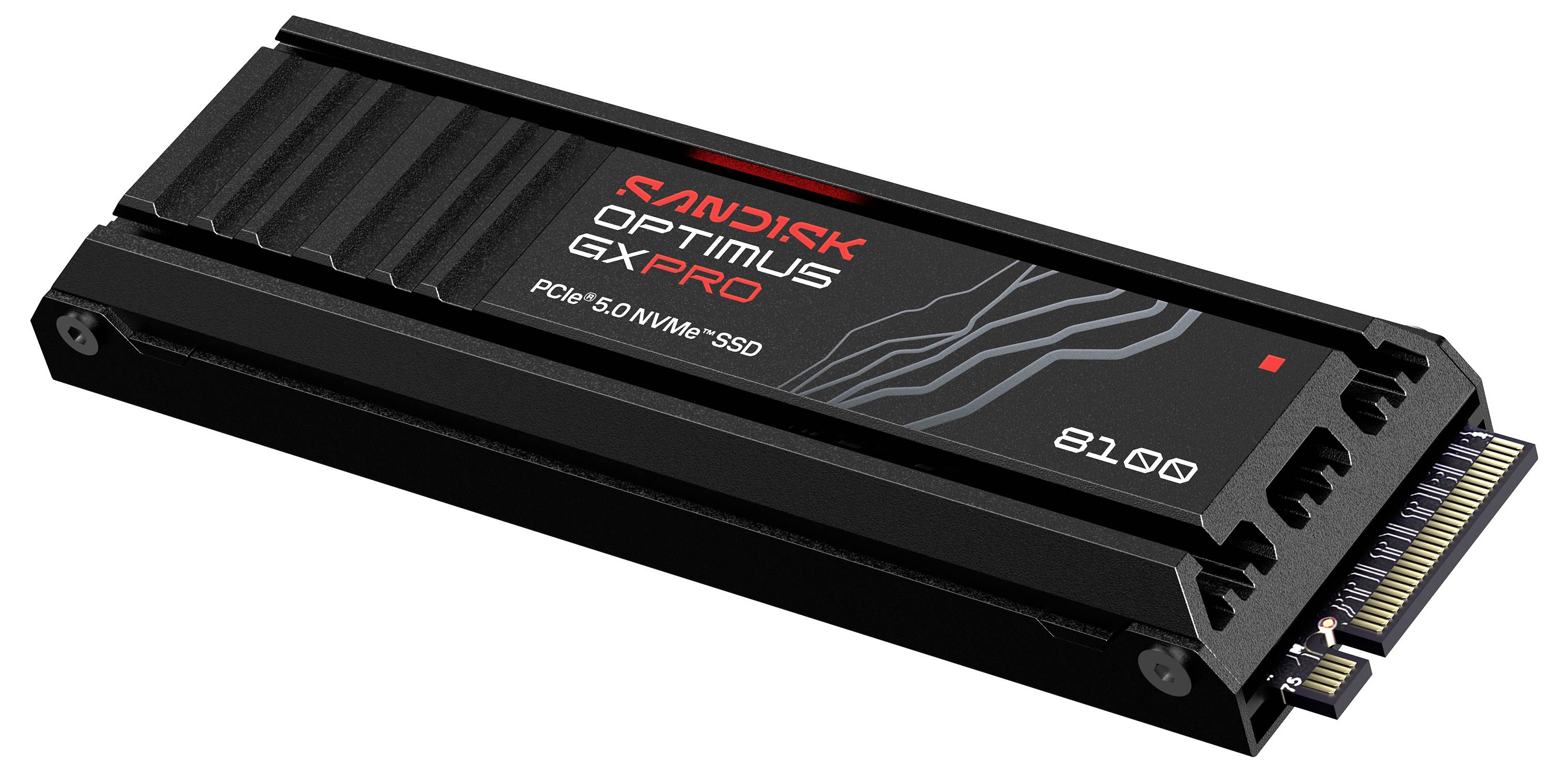 Černý NVMe SSD s PCIe 5.0 a štítkem "Sandisk Optimus G-X Pro".