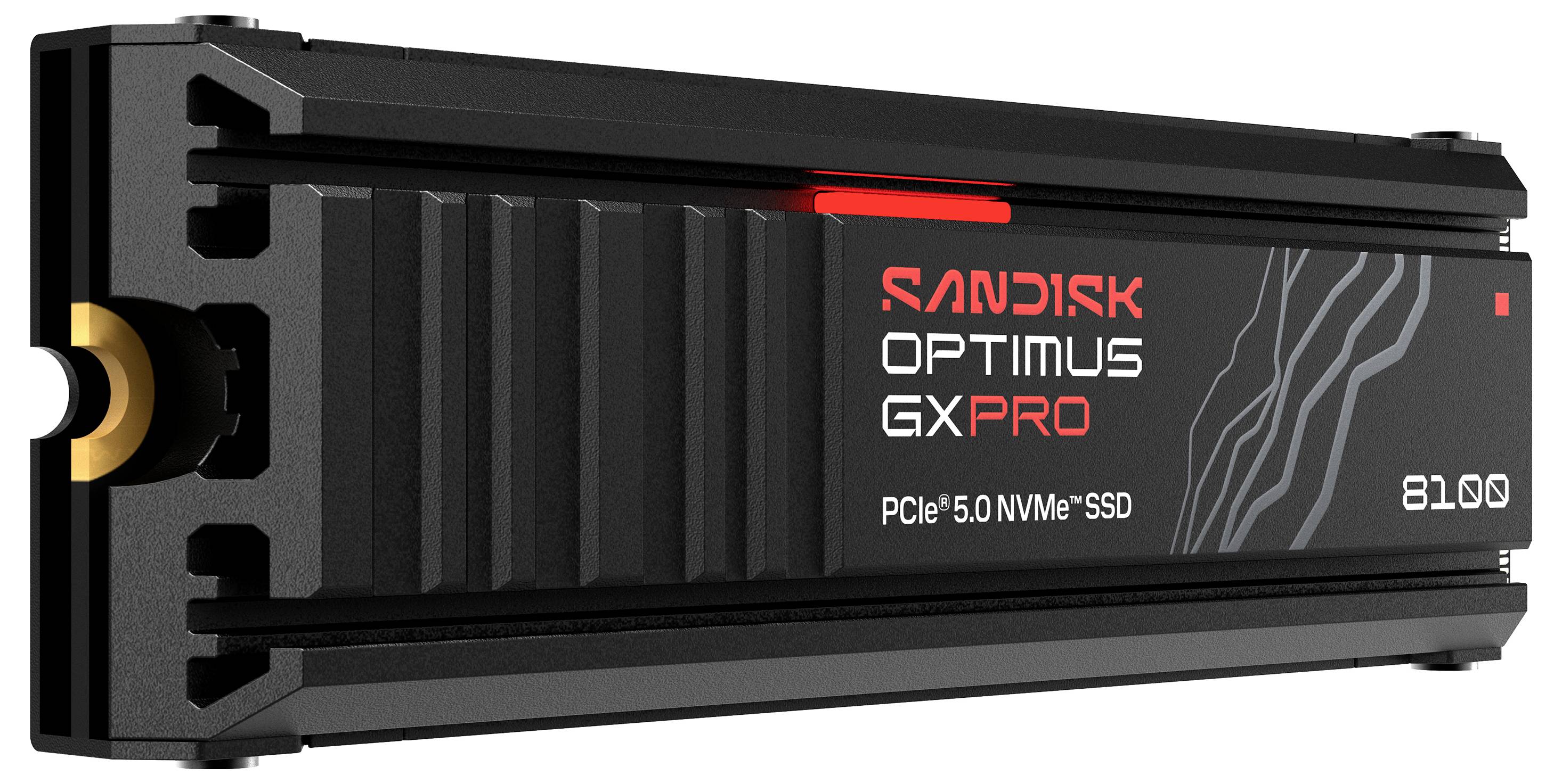 Černý SanDisk Optimus GX PRO 8100 PCIe 5.0 NVMe SSD s textovaným povrchem a červenými detaily.