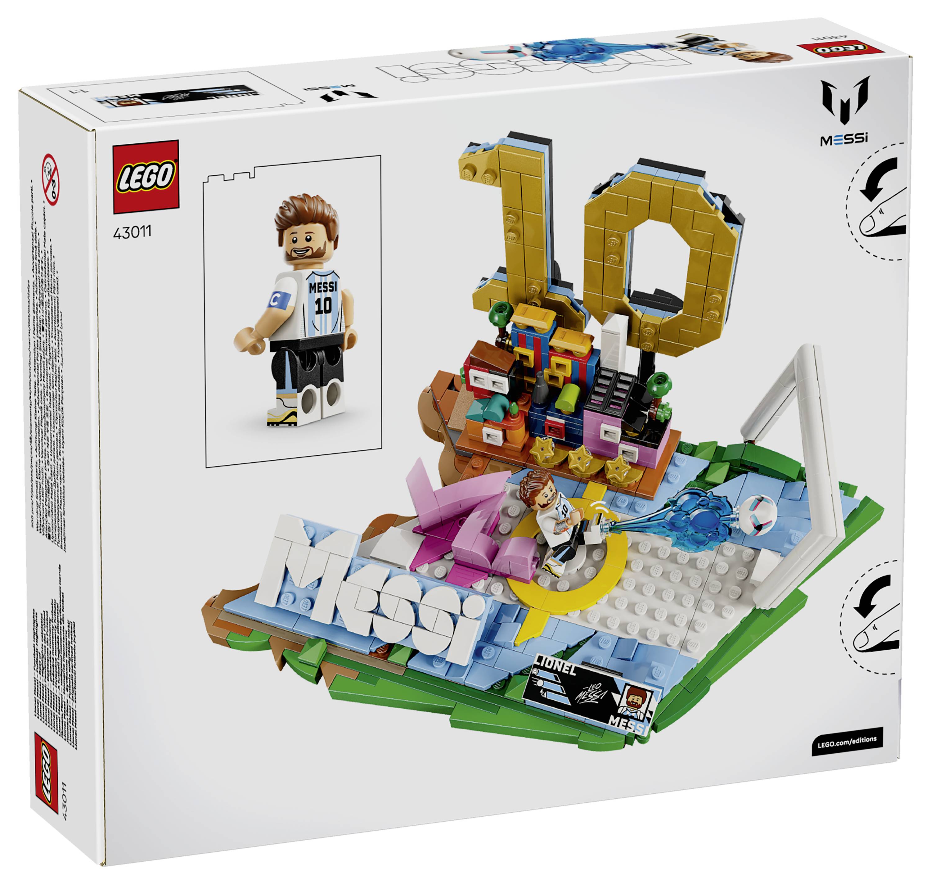 LEGO Messi sada v krabici zobrazující minifigurku Lionela Messiho a barevný fotbalový displej se zlatým číslem "10" na podložce hřiště.