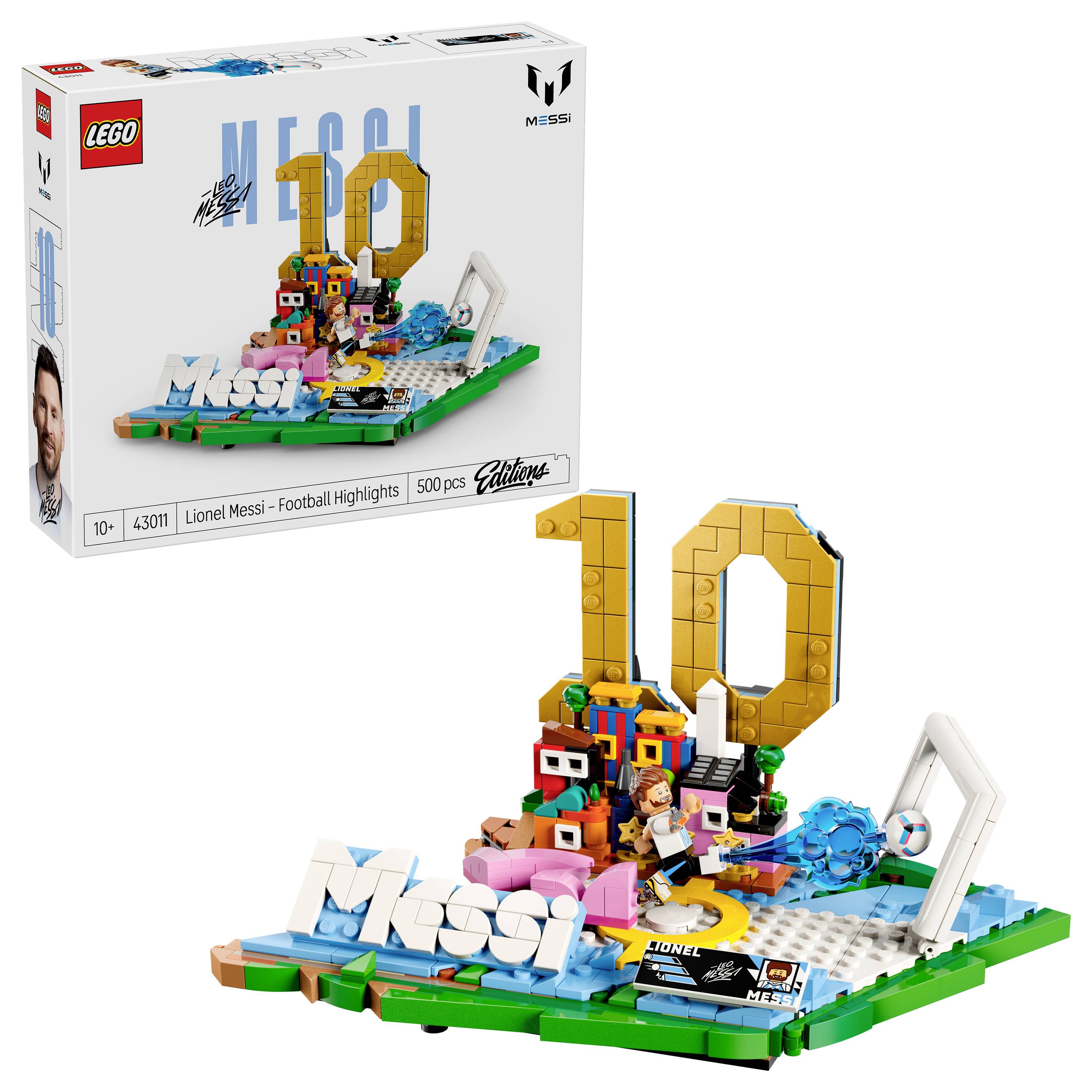 LEGO sada "Lionel Messi - Fotbalové Vrcholy" s krabicí a postaveným modelem, obsahující barevný displej s motivem Messiho, velkým číslem "10" a nápisem "Messi".