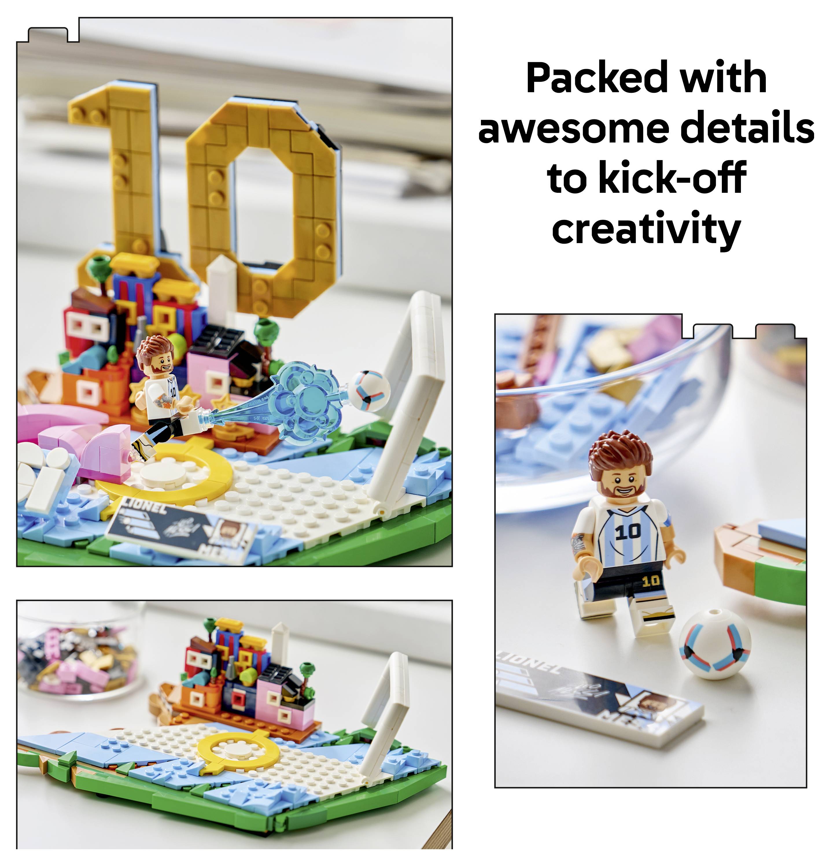 Propagační koláž barevné sady LEGO k hraní s minifigurkami a velkým číslem „10", doprovázená textem „Plná úžasných detailů, která vypustí kreativitu do větru".