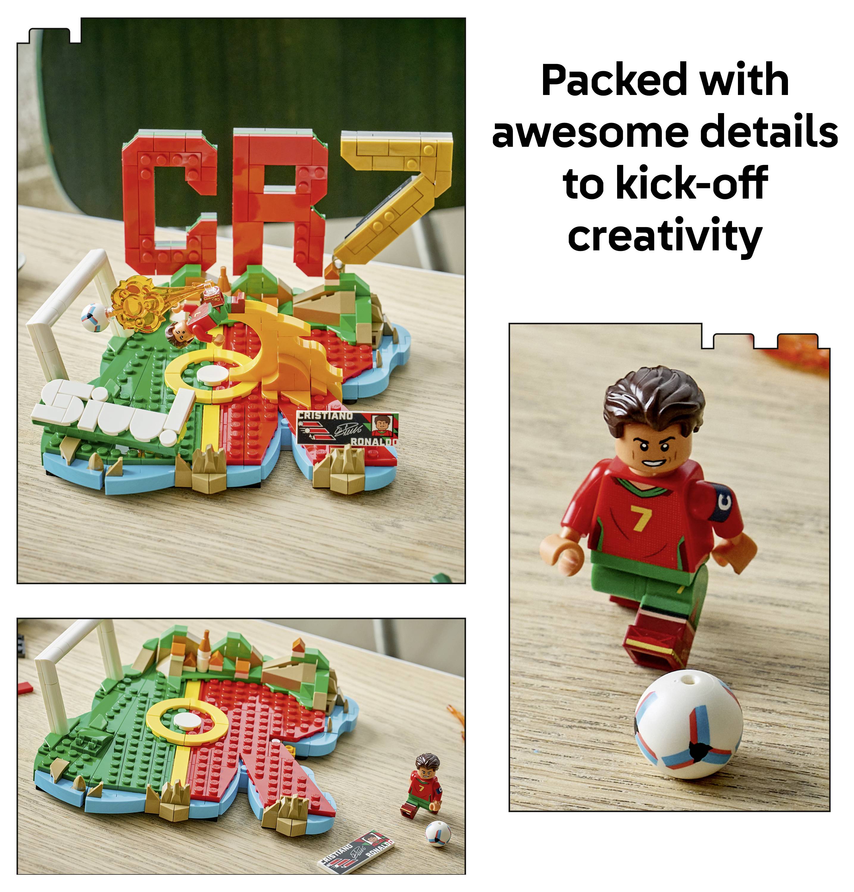 Propagační obrázek LEGO stylu fotbalové stavby s barevným displejem 'CR7' a minifigurkou hráče; text říká 'Plný úžasných detailů pro zahájení kreativity'