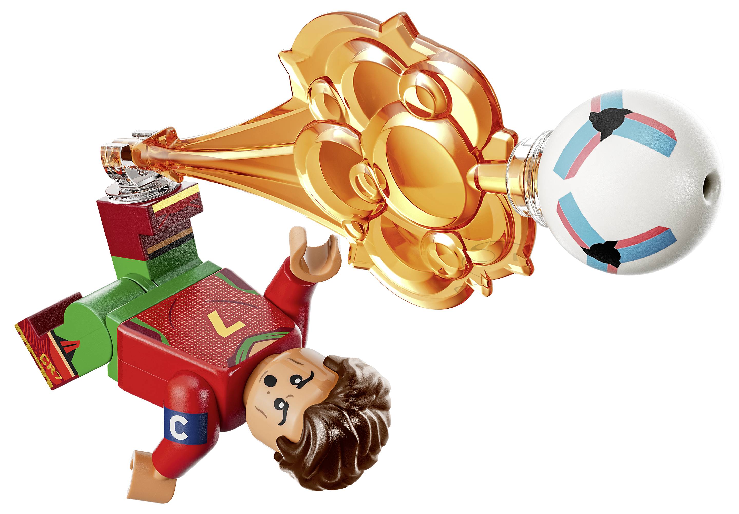 LEGO minifigura která je kopnuta dozadu oranžovým energetickým výbuchem z bílé koule, znázorněná v scéně s hračkou.