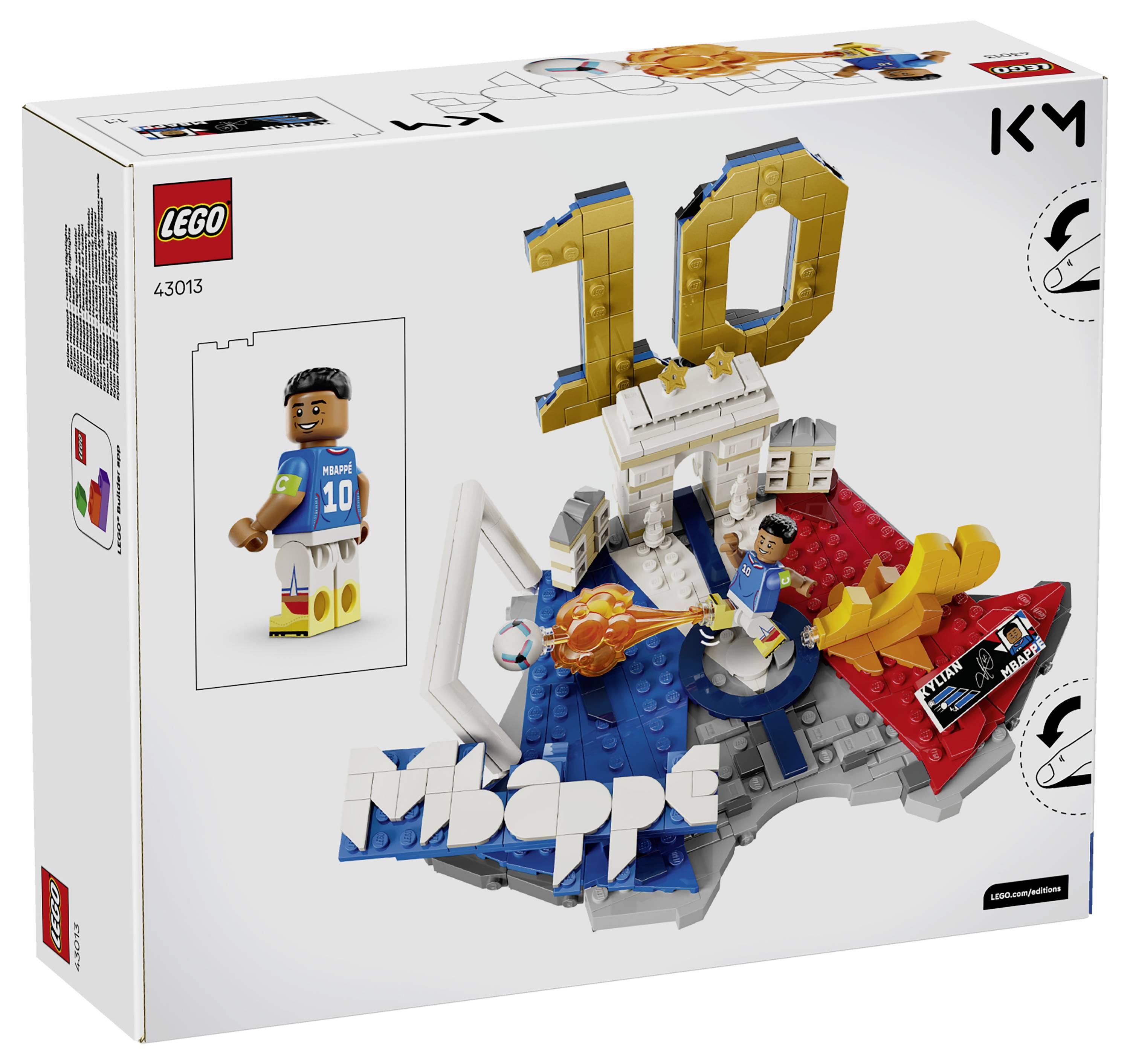 LEGO 43013 Sada '10' miniaturních figurek na display, na přední straně se zobrazuje minifigurka fotbalisty a barevná scéna.