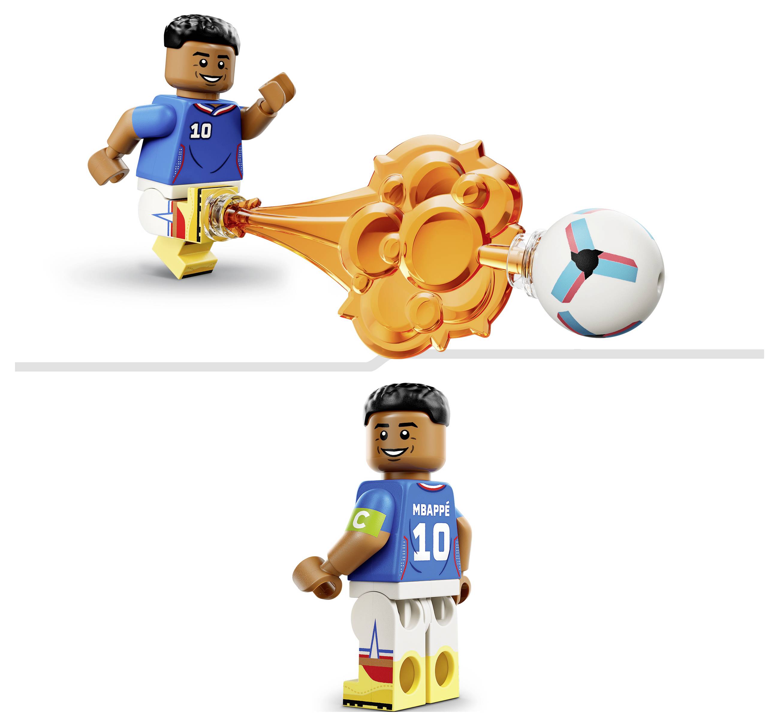 Dvě figurky fotbalistů ve stylu LEGO, jeden kopající zářivou oranžový míč směrem k bílému míči, s další figurkou stojící níže v dresu "MBAPPE 10".