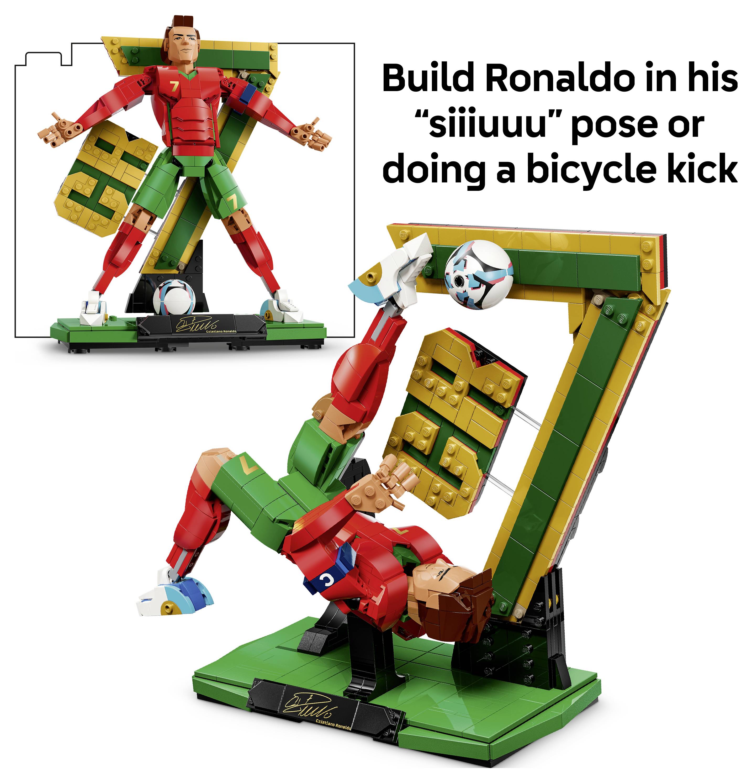 Propagační obrázek zobrazující LEGO figurku Cristiana Ronalda a displej s letící přehlídkou, s textem: 'Sestav Ronalda v jeho poze "siuuu" nebo při kop provádějícím bicycle kick'.