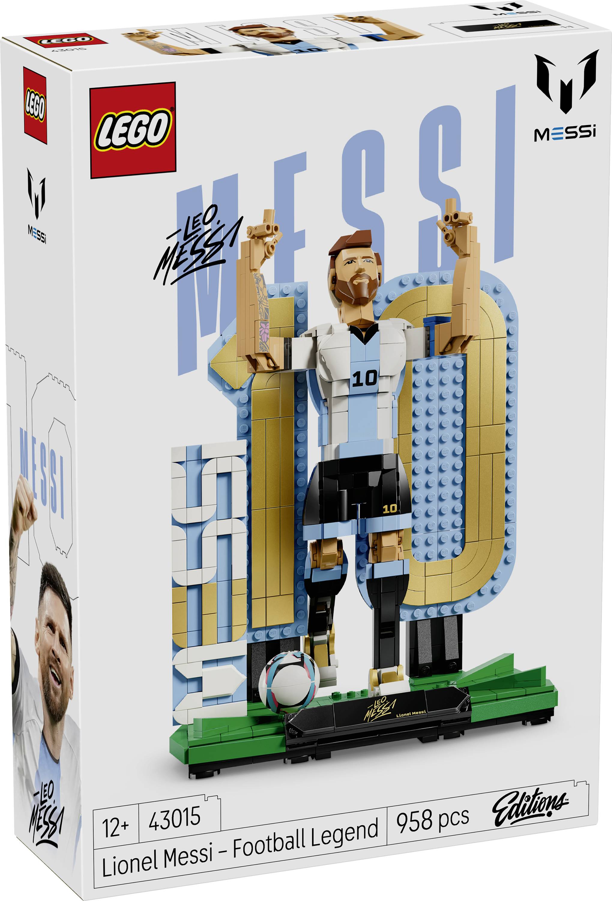 LEGO Icons krabice pro sadu 'Lionel Messi - Football Legend' 43015, zobrazující stavitelnou figurku Lionela Messiho v barvách Argentiny s fotbalem a 958 kousky.