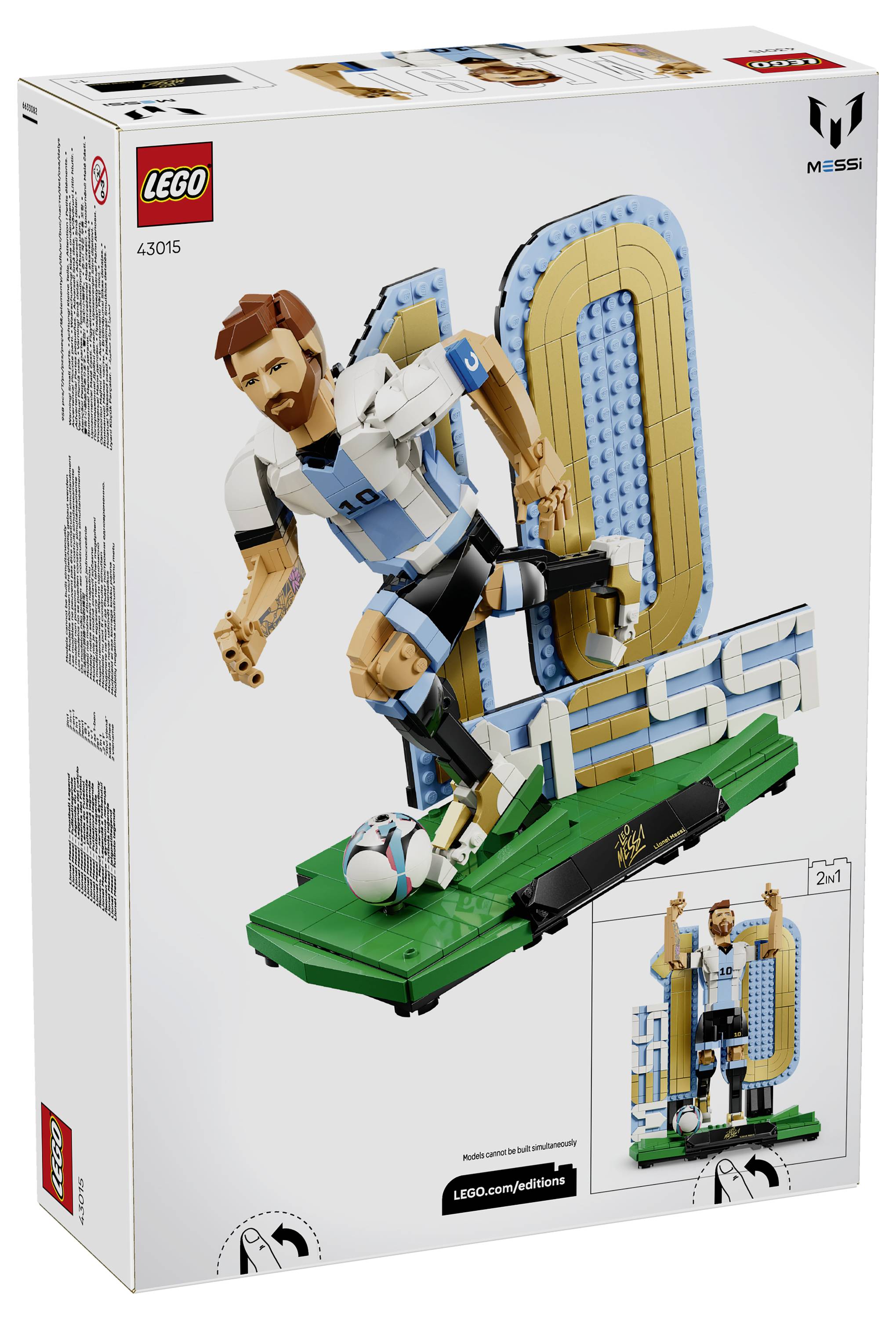 Sada LEGO Messi pro vystavení v krabici zobrazující postavu ze sady na téma fotbalu - Lionela Messiho na zeleném hřišti s pozadím brány, označená číslem 43015 a 2 v 1.