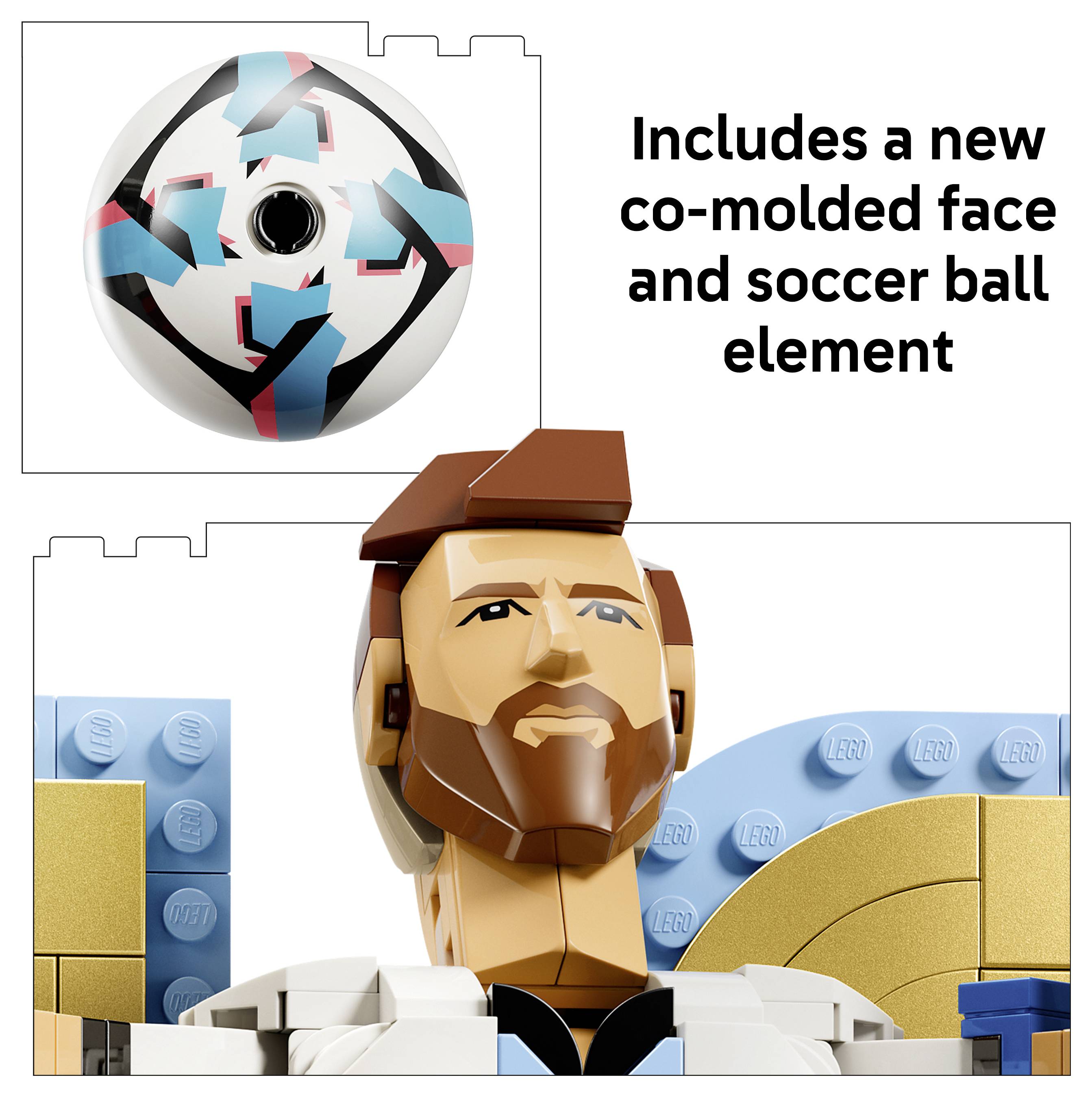 Fotbalový míč ve stylu Lego a hlava minifigurky s vousy a text „Součástí je nový ko-vstřikovaný obličej a prvek fotbalového míče"
