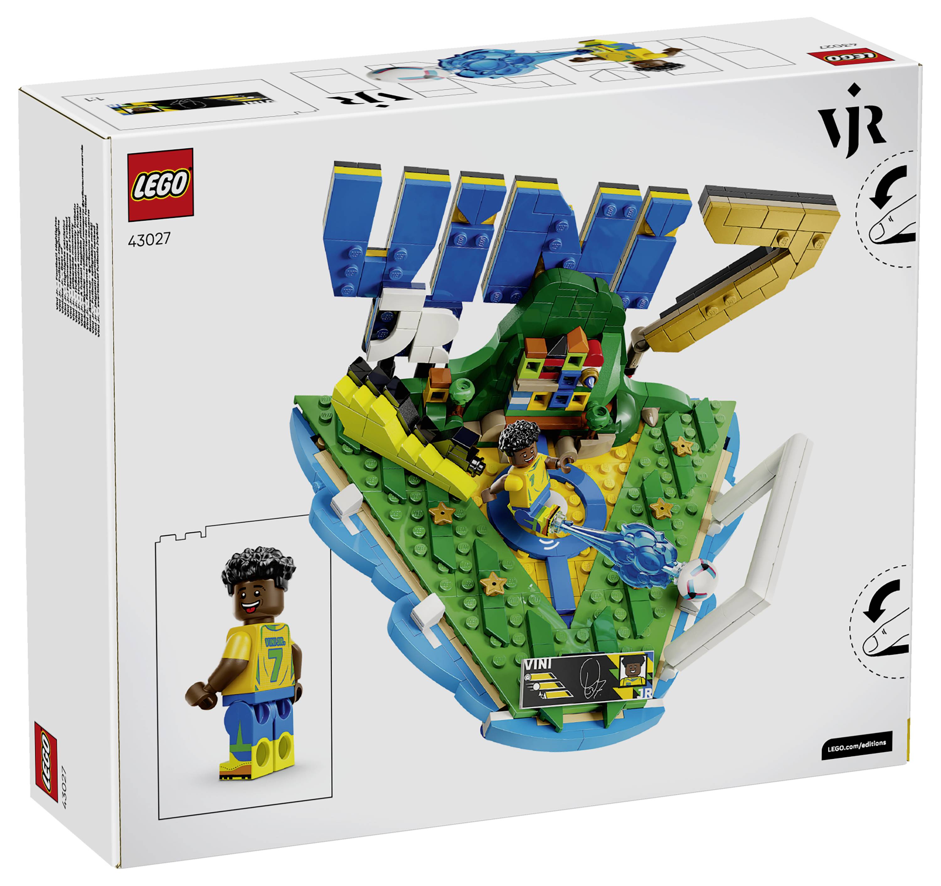 LEGO VINI JR 43027 box zobrazující stavbu s fotbalovým motivem s figurkou hráče na barevném displeji hřiště.