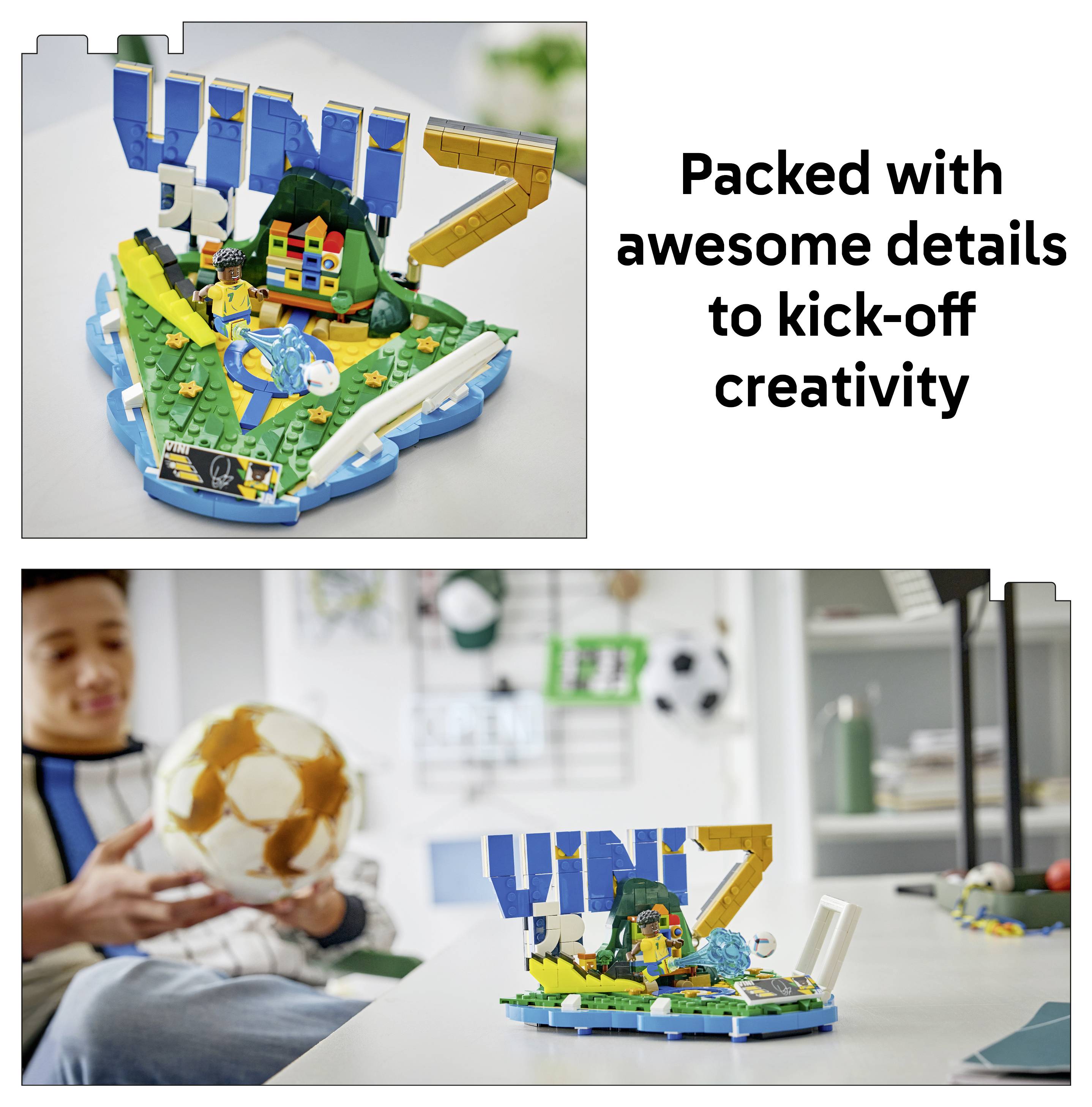 LEGO fotbalový set vystavený s textem „Plný skvělých detailů, které nastartují kreativitu", zobrazený na stole a v rukou dítěte.