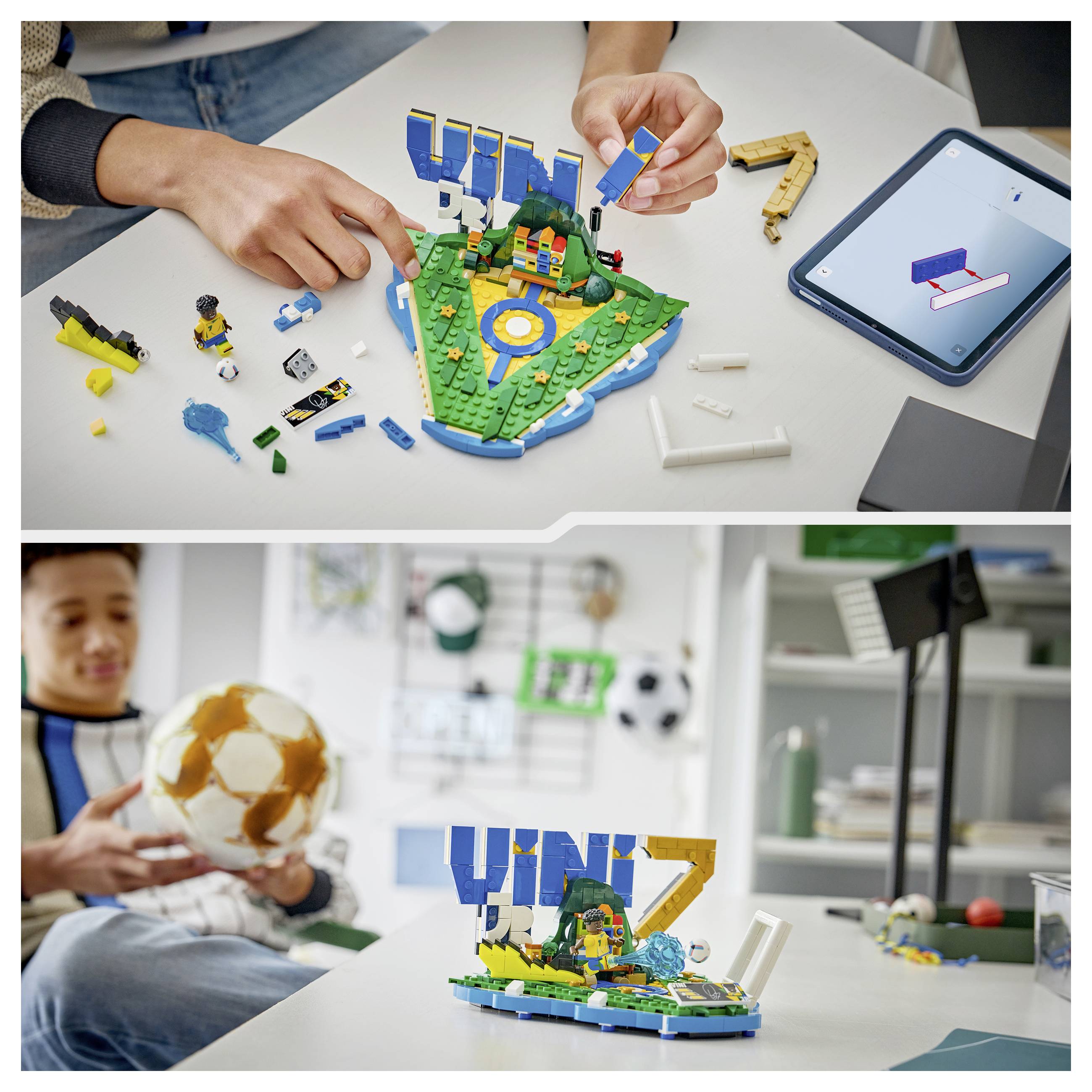 Osoba staví s LEGO fotbalový tematický displej s nápisem "WIN" na desce stolu, tablet zobrazuje design a hotový model je umístěn před sedícím hráčem.