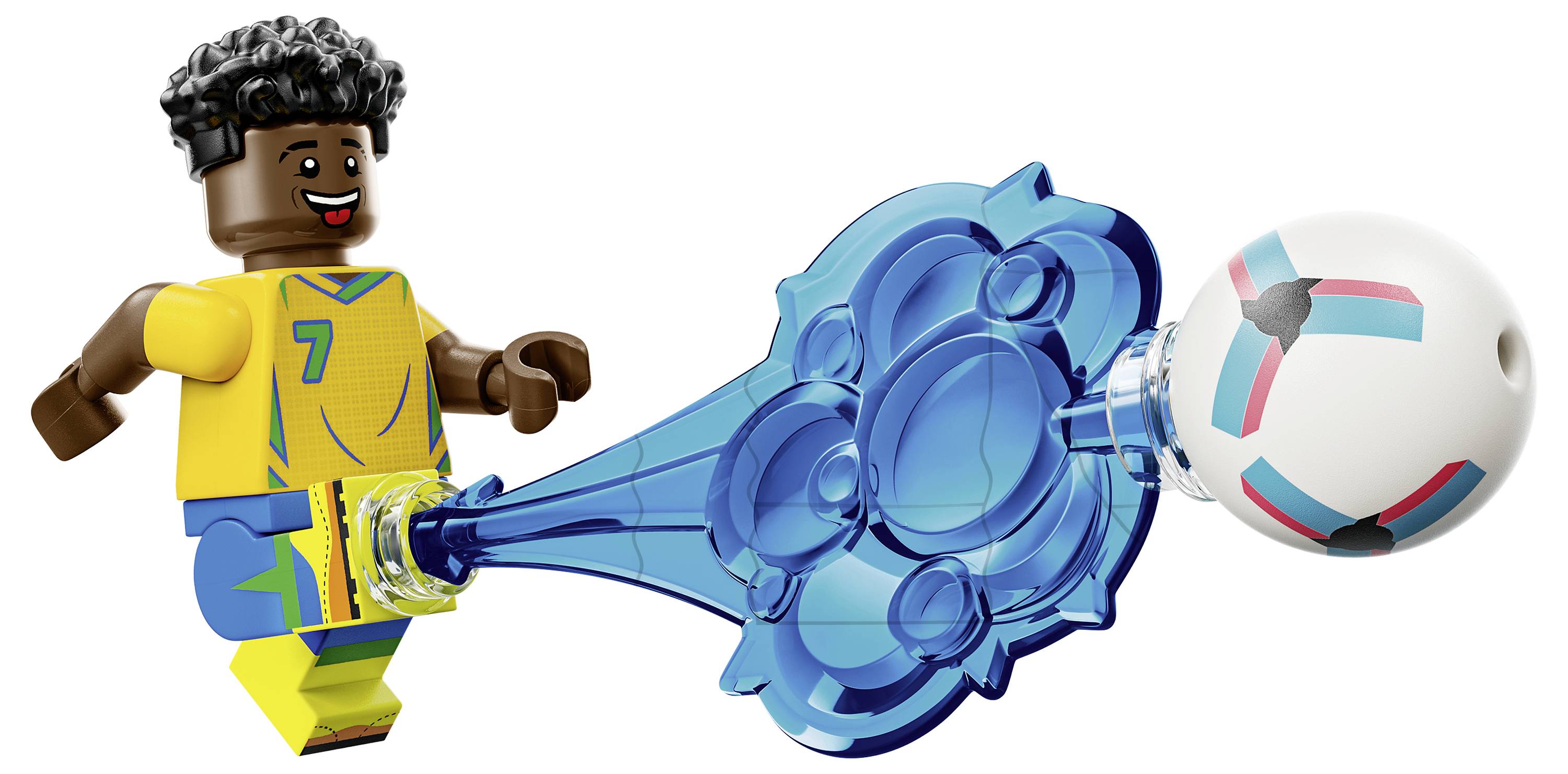 LEGO-style fotbalista v žluté uniformě s číslem 7 kopá bílý míč skrz modrý vířící energetický efekt.