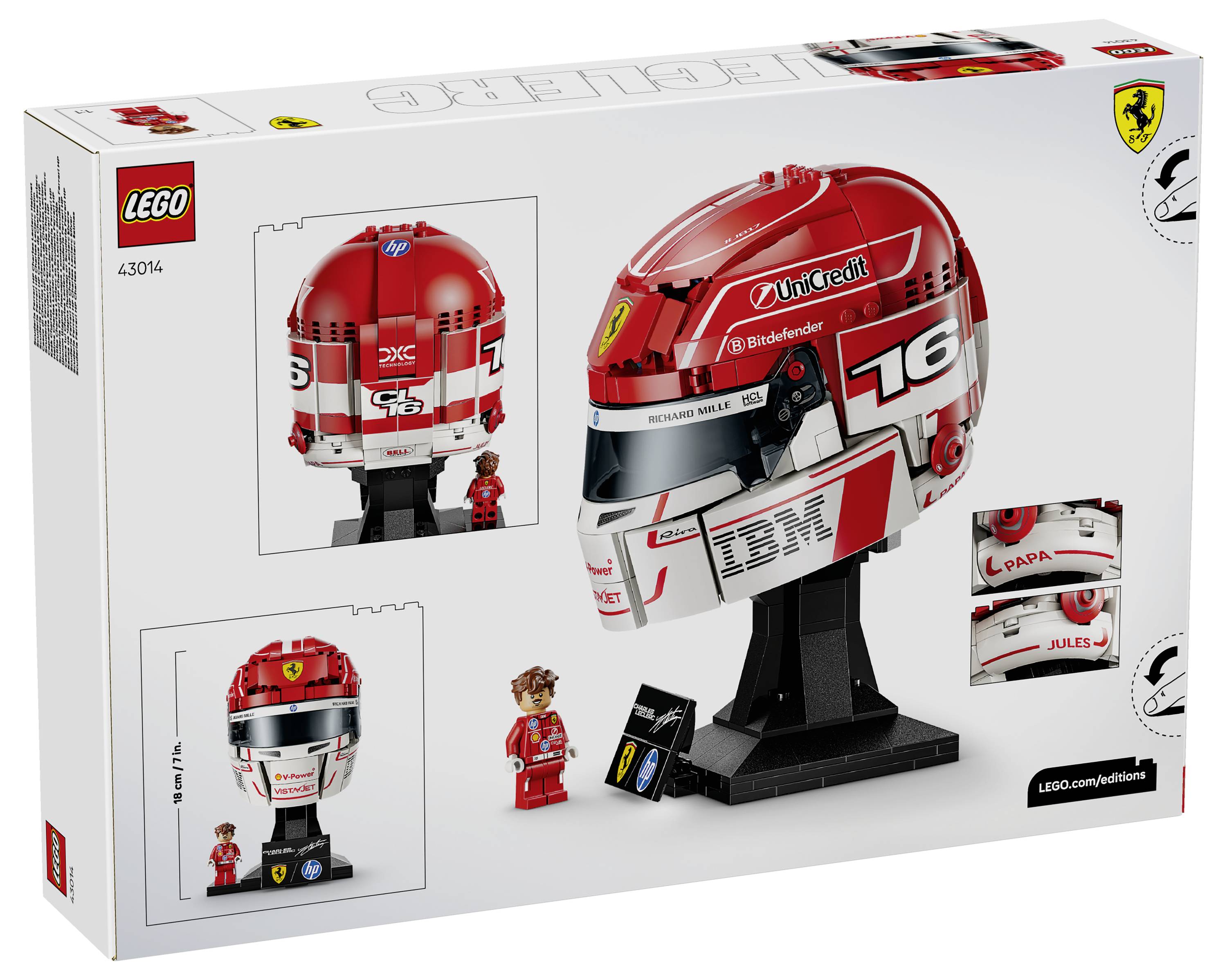 Krabice sady LEGO s červenou a bílou závodní přilbou na stojanu, mini figurkou a značkami značky. Součást značené řady.