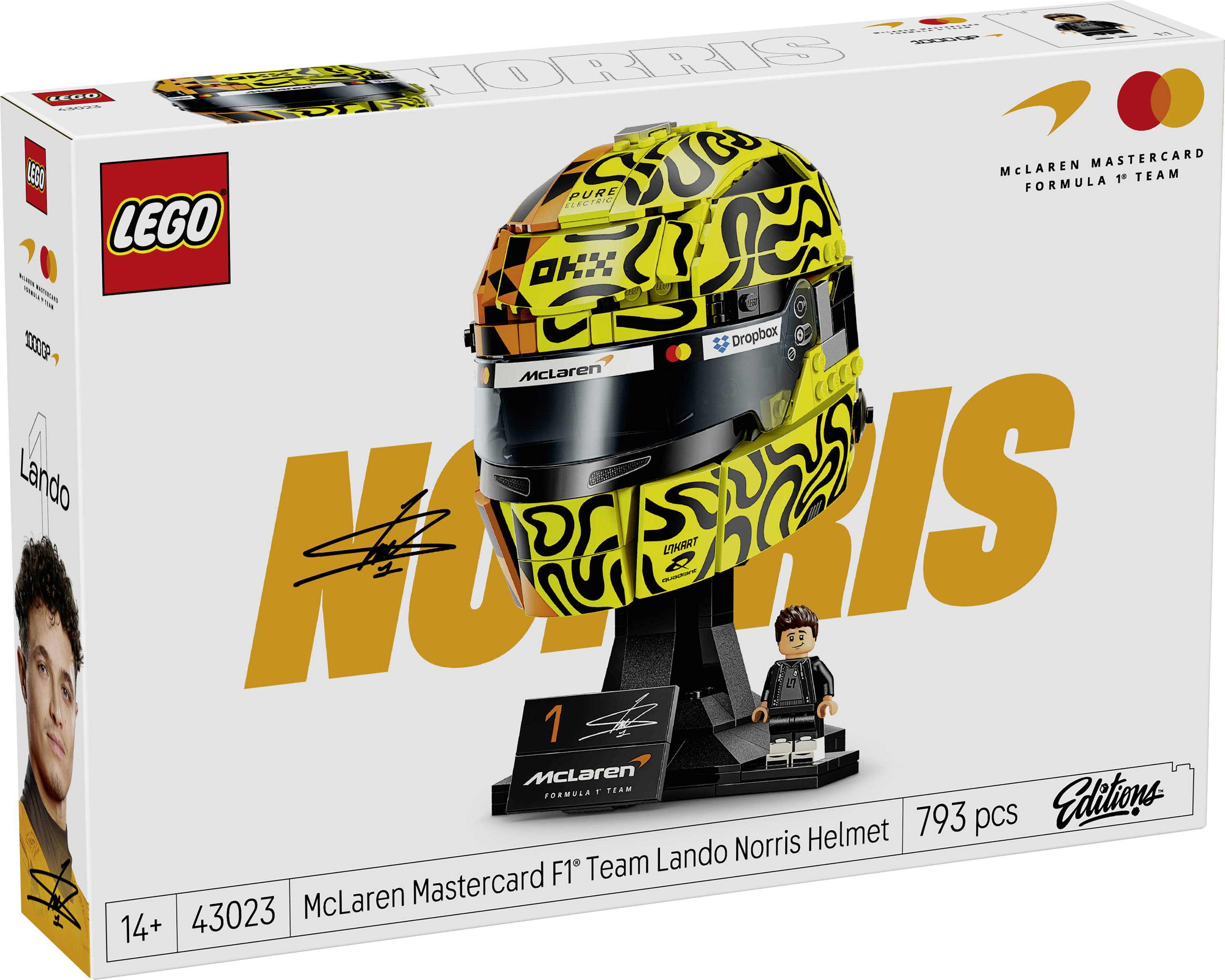 LEGO McLaren Formula 1 tým helma Landa Norrisa - sada v krabici se žluto-černou helmou na výstavu a figurkou, 793 dílků, věk 14+