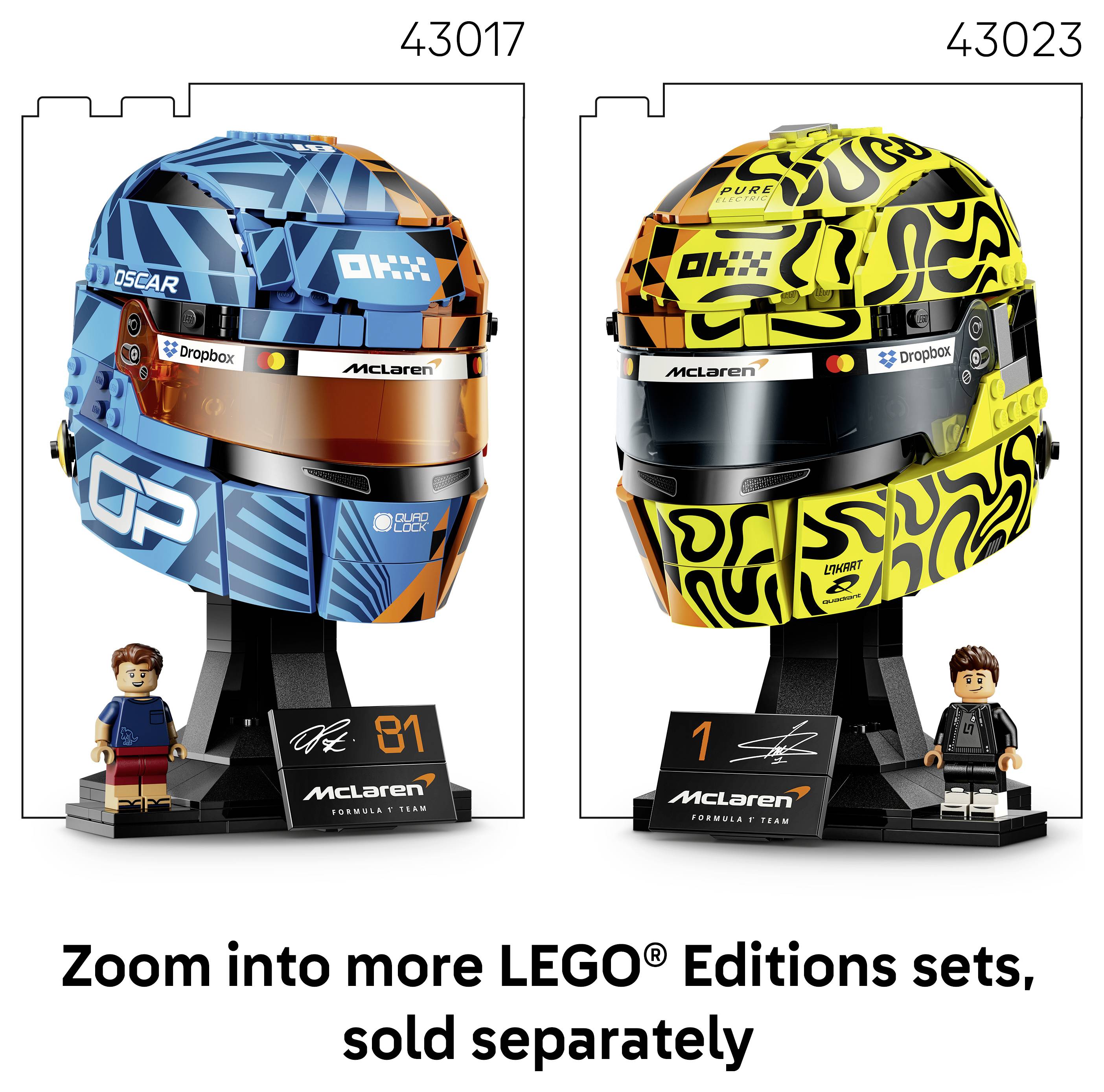 Propagační obrázek dvou sad pro vystavení přileb LEGO McLaren Formula 1, označených čísly 43017 a 43023, s minifigurkami a textem „Přiblížete se k dalším sadám LEGO® Editions, prodávaným samostatně".