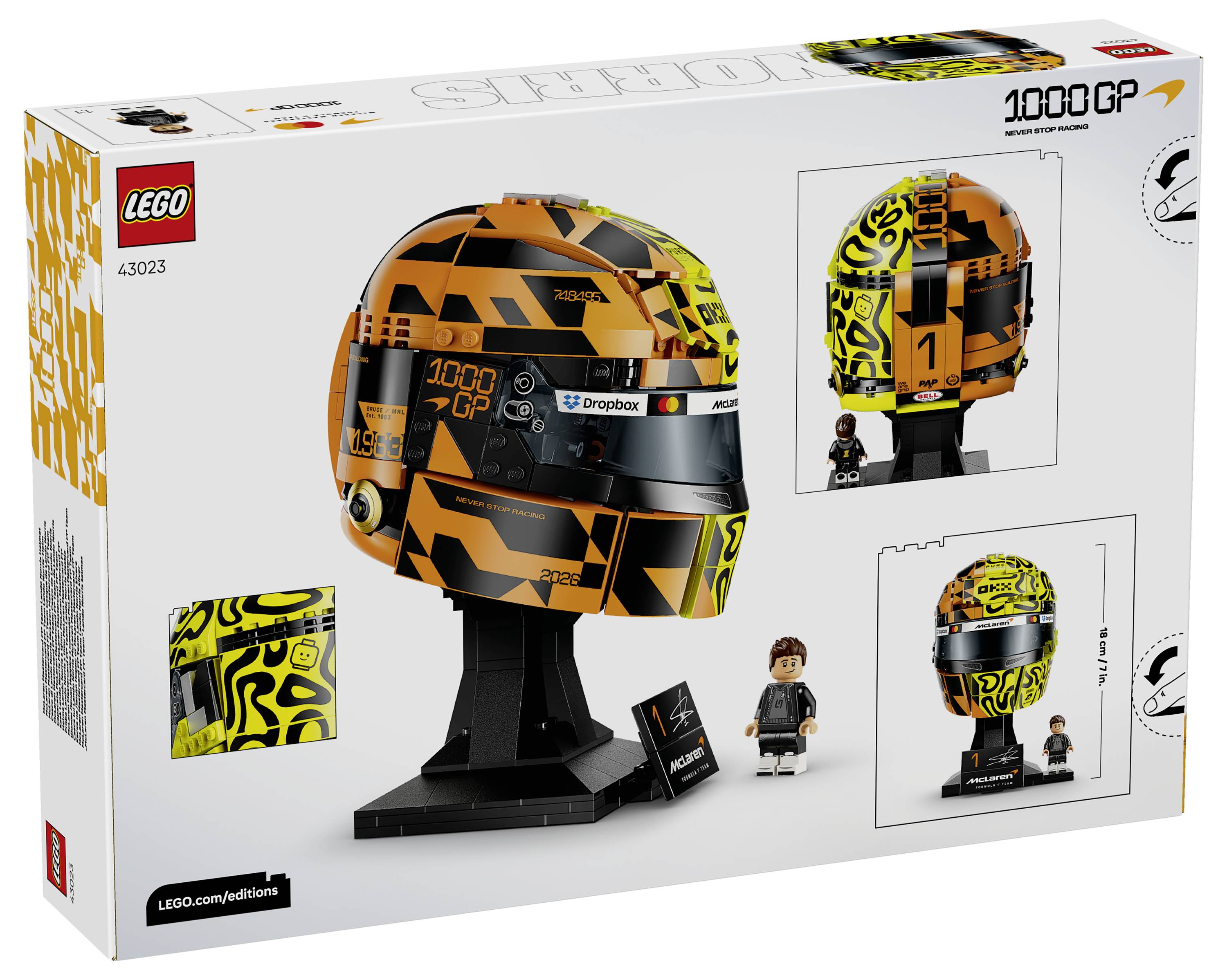 Krabice LEGO Speed Champions 1000GP s postavenou oranžovo-černou závodní přilbou na stojanu, s minifigurkou a alternativními pohledy na balení.