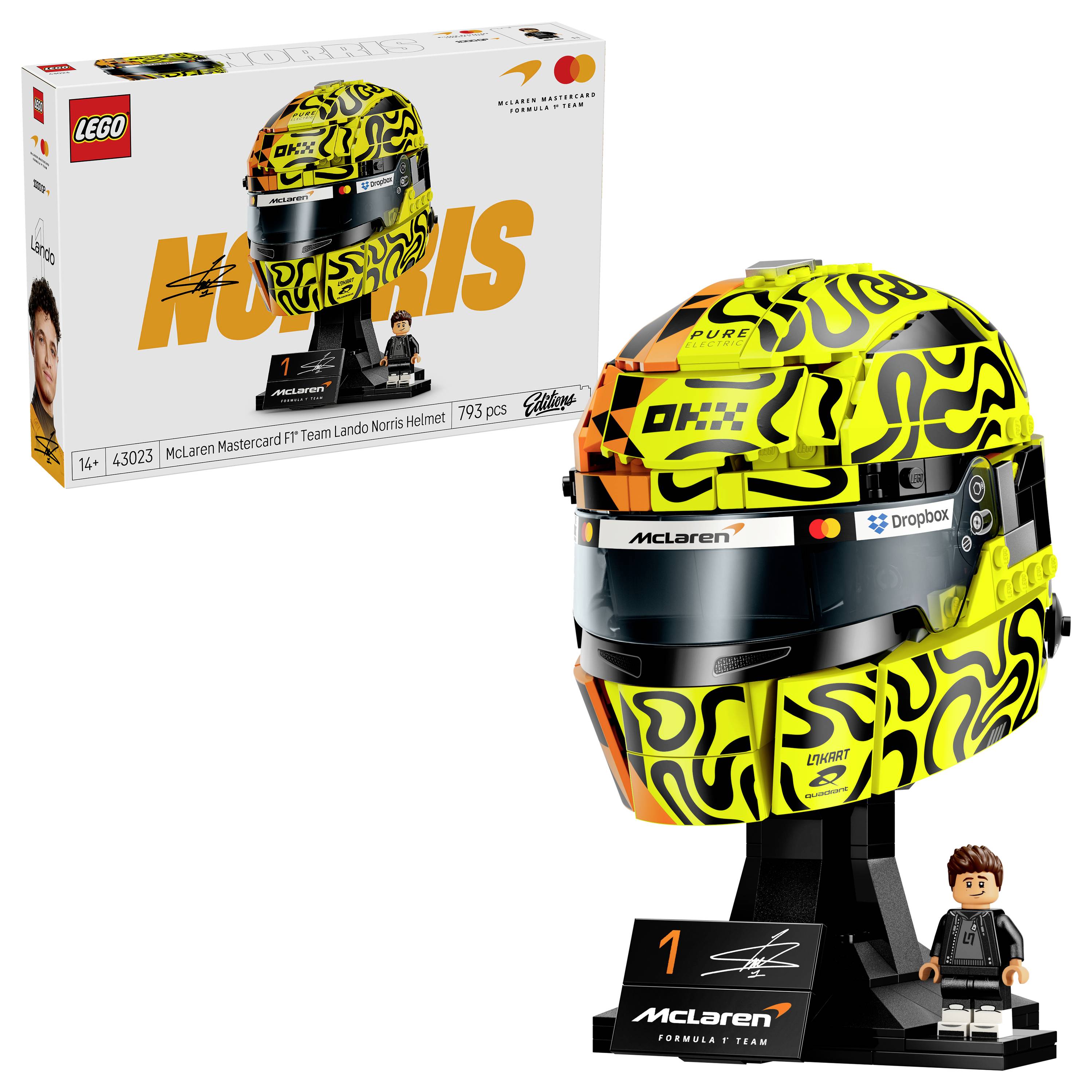 LEGO McLaren Formula 1 Team Landoův Norrisův helmu displej s krabicí a minifigurkou, obsahující jasně žlutou a oranžovou závodní barvou.