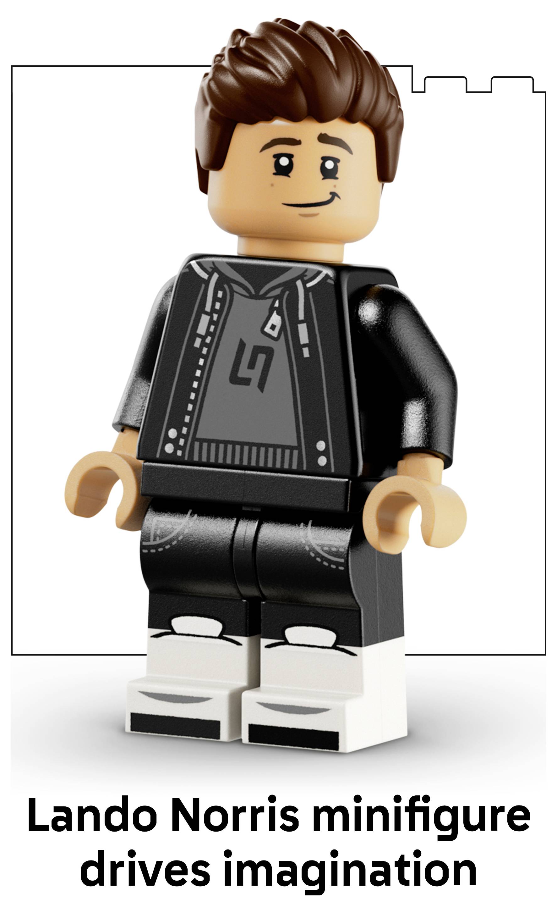 Lego-stylová minifigurka Landa Norrisa v černém saku a kalhotách s bílými boty, zobrazená na bílém pozadí s titulkem „Minifigurka Landa Norrisa rozvíjí představivost".