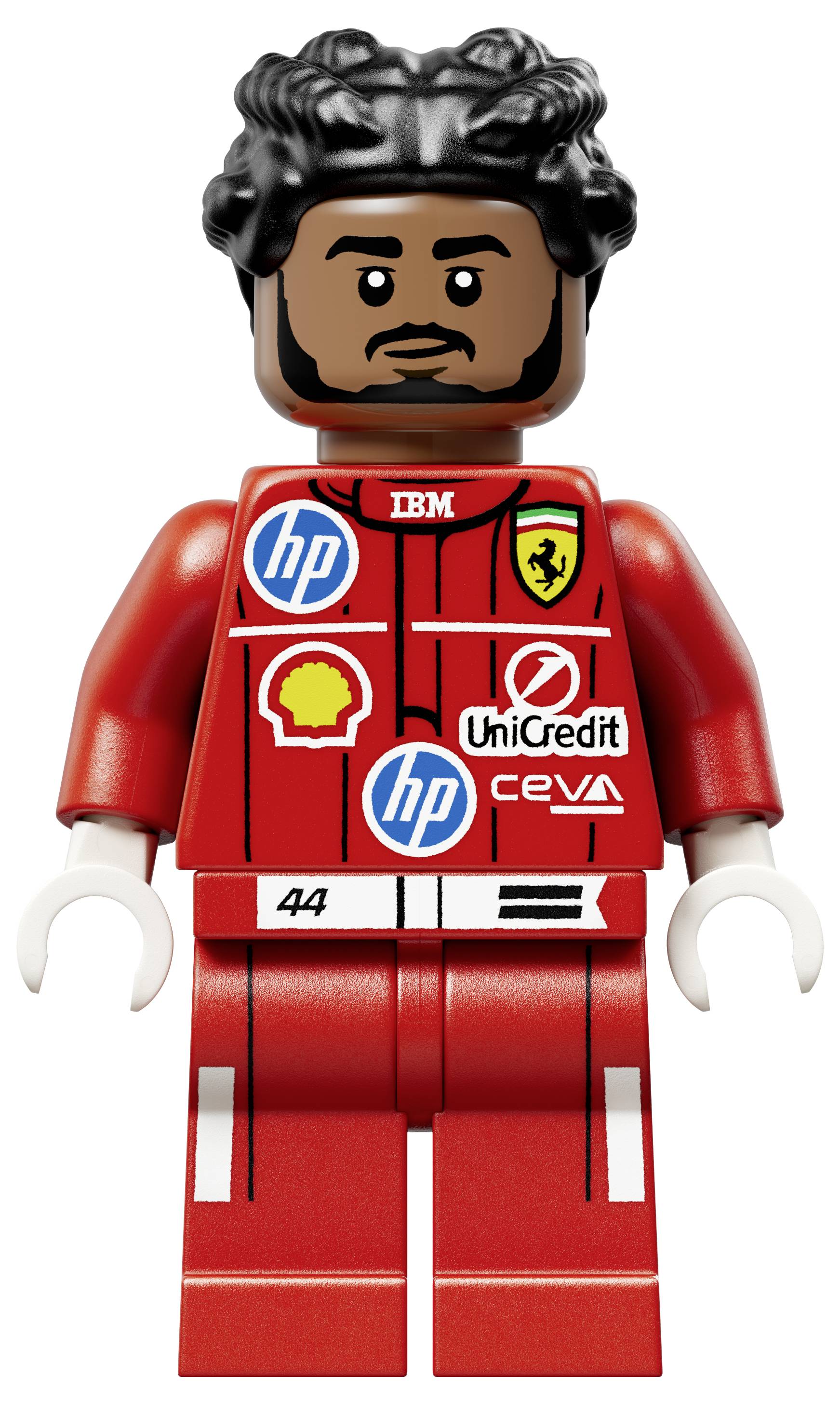 Figurka LEGO v červeném závodním obleku se sponzorskými logy, včetně „HP", „IBM", „Shell", „UniCredit", která drží znak Ferrari.
