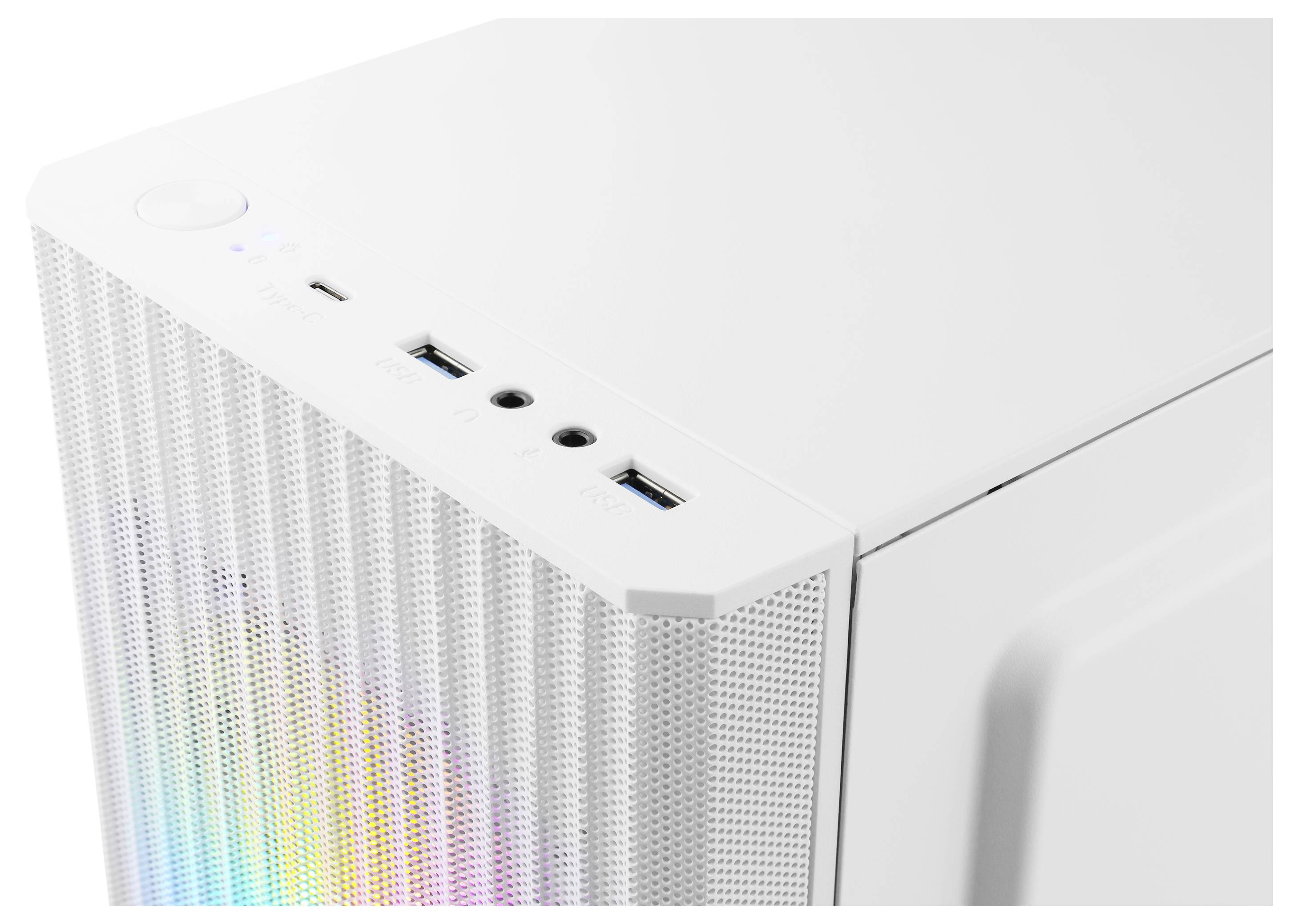 Bílá skříň počítače s mřížkovou přední deskou a barevným LED osvětlením, vybavená USB porty a audio jacky nahoře.