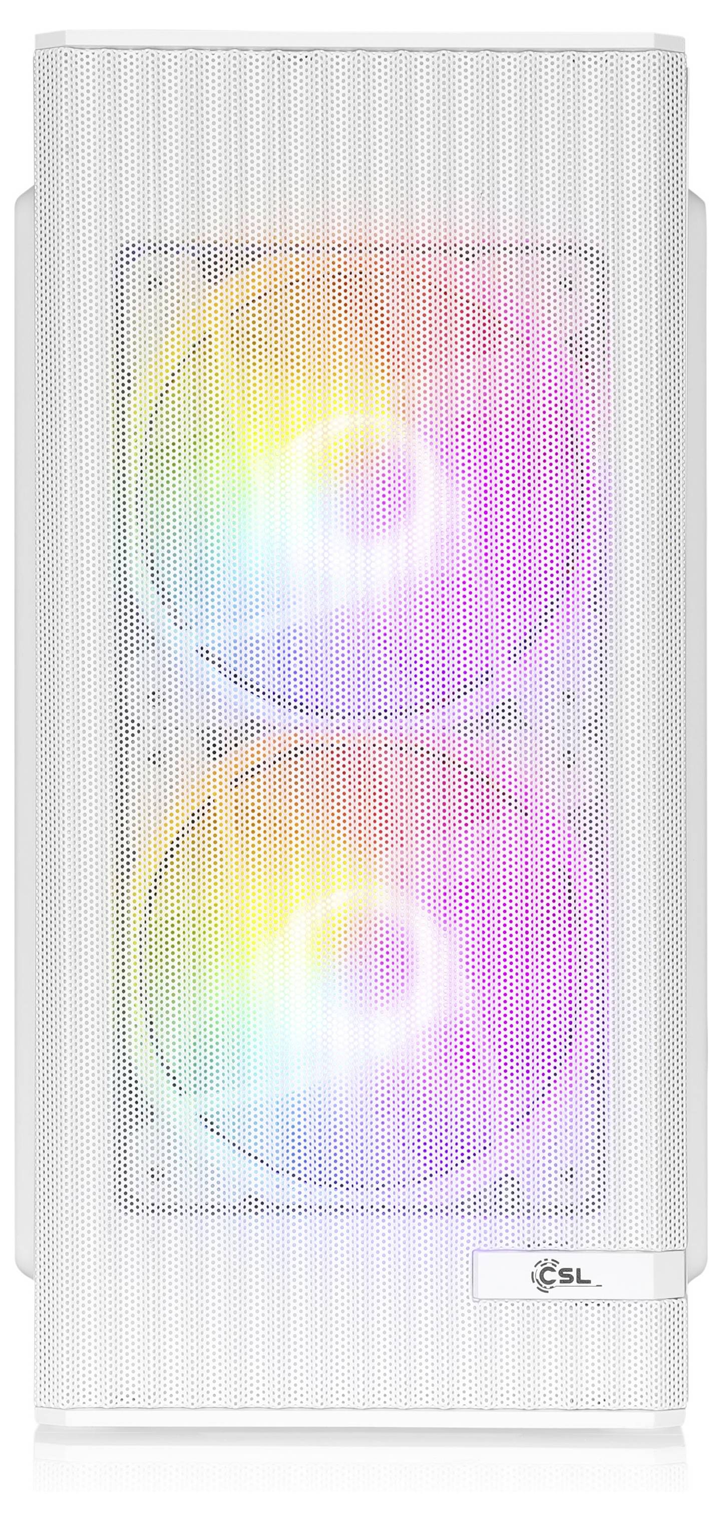 Bílý počítačový skříň s síťovaným předním panelem vystavujícím dva velké RGB ventilátory, z nichž každý vyzařuje barevné světelné vzory.