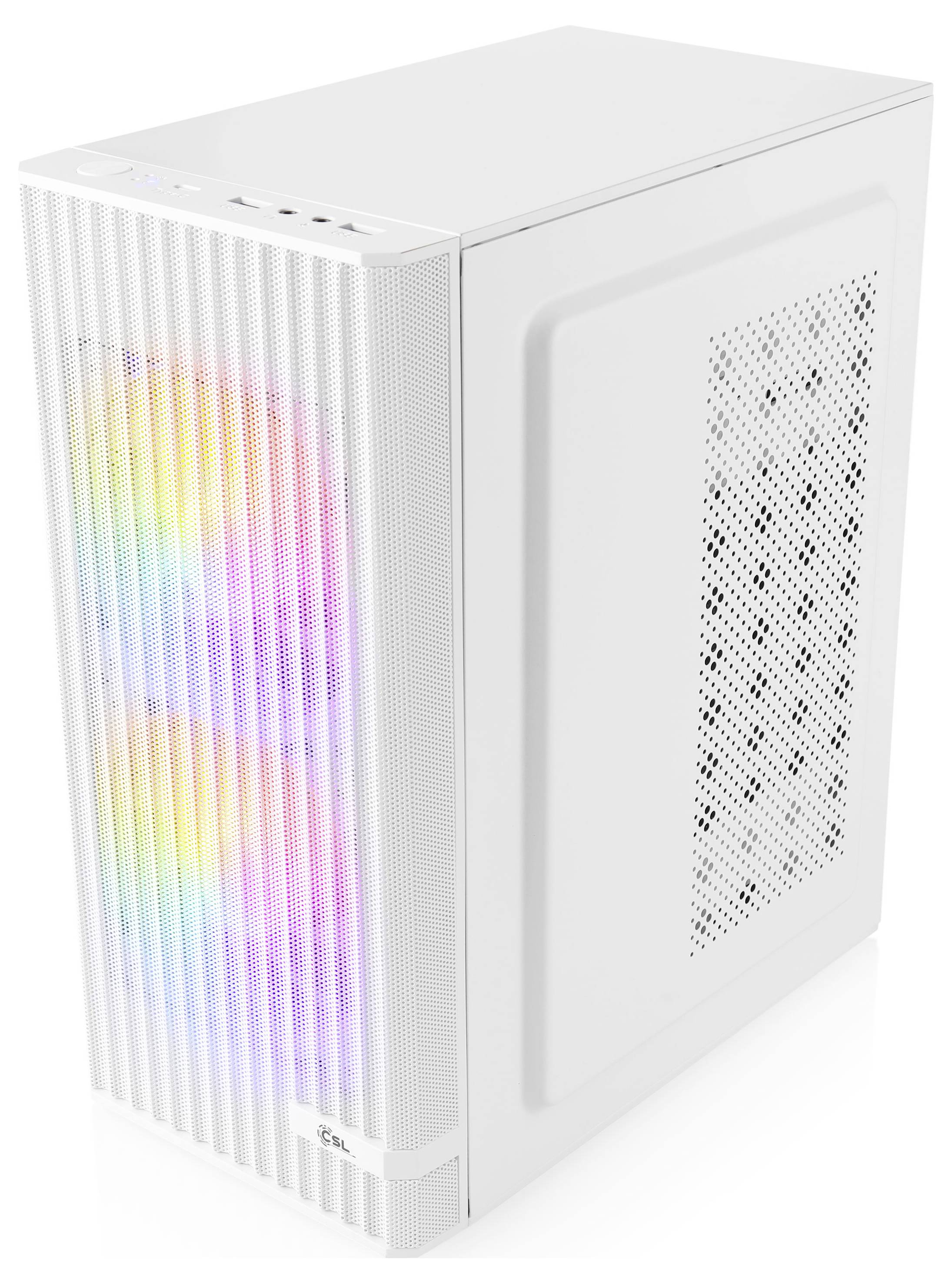 Bílá skříň počítače s duhovými LED ventilátory viditelnými přední mřížkou panelu.