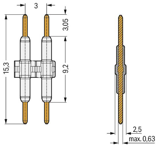 Diagram dvojitého kolíkového elektrického součástky. Levý pohled: výška 15,3 mm, šířka 3 mm, rozteč kolíků 9,2 mm. Pravý řez: tloušťka kolíku 0,63 mm, šířka 2,5 mm.