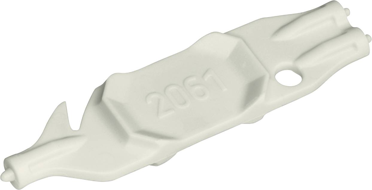 Bílý plastový nástroj označený „2061" s různými hroty a hranami, pravděpodobně určený ke specifickému technickému nebo mechanickému účelu.