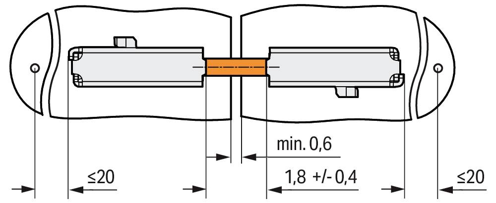 Diagram znázorňující rozměry mezi konektory, ukazující odstup nejméně 0,6 mm mezi nimi a vzdálenosti měřící ≤20 mm a 1,8 ±0,4 mm.