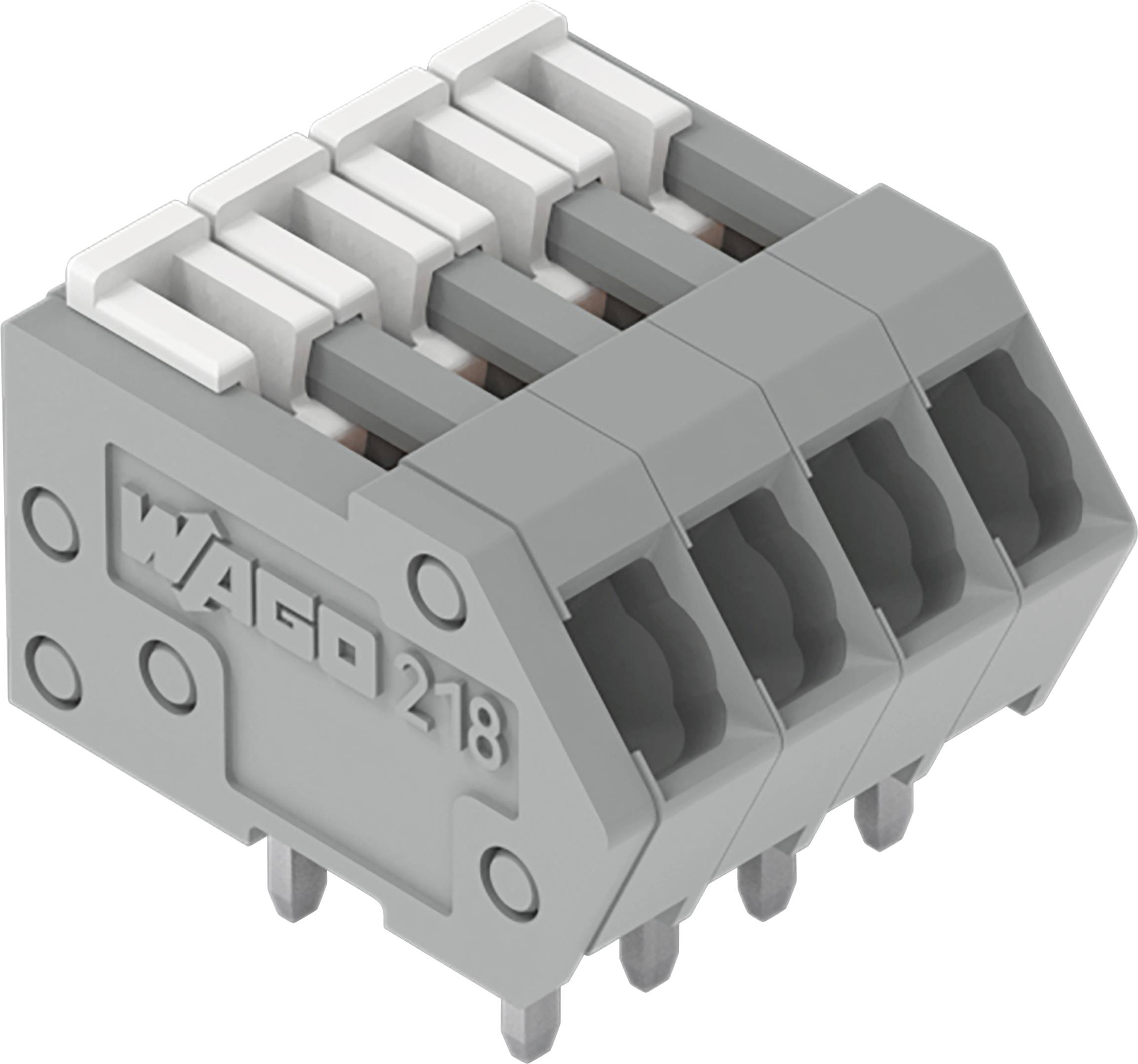 Šedý konektor WAGO 218 se čtyřmi svorkovými svorkami, používaný pro elektrické připojení, je zobrazen v bočním pohledu, který zdůrazňuje jeho strukturu.