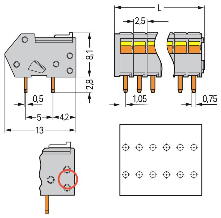 Technický diagram konektoru s rozměry: délka 13 mm, šířka 4,2 mm, výška 8,1 mm. Obsahuje boční, horní a spodní pohledy s roztečí otvorů a rozměry.