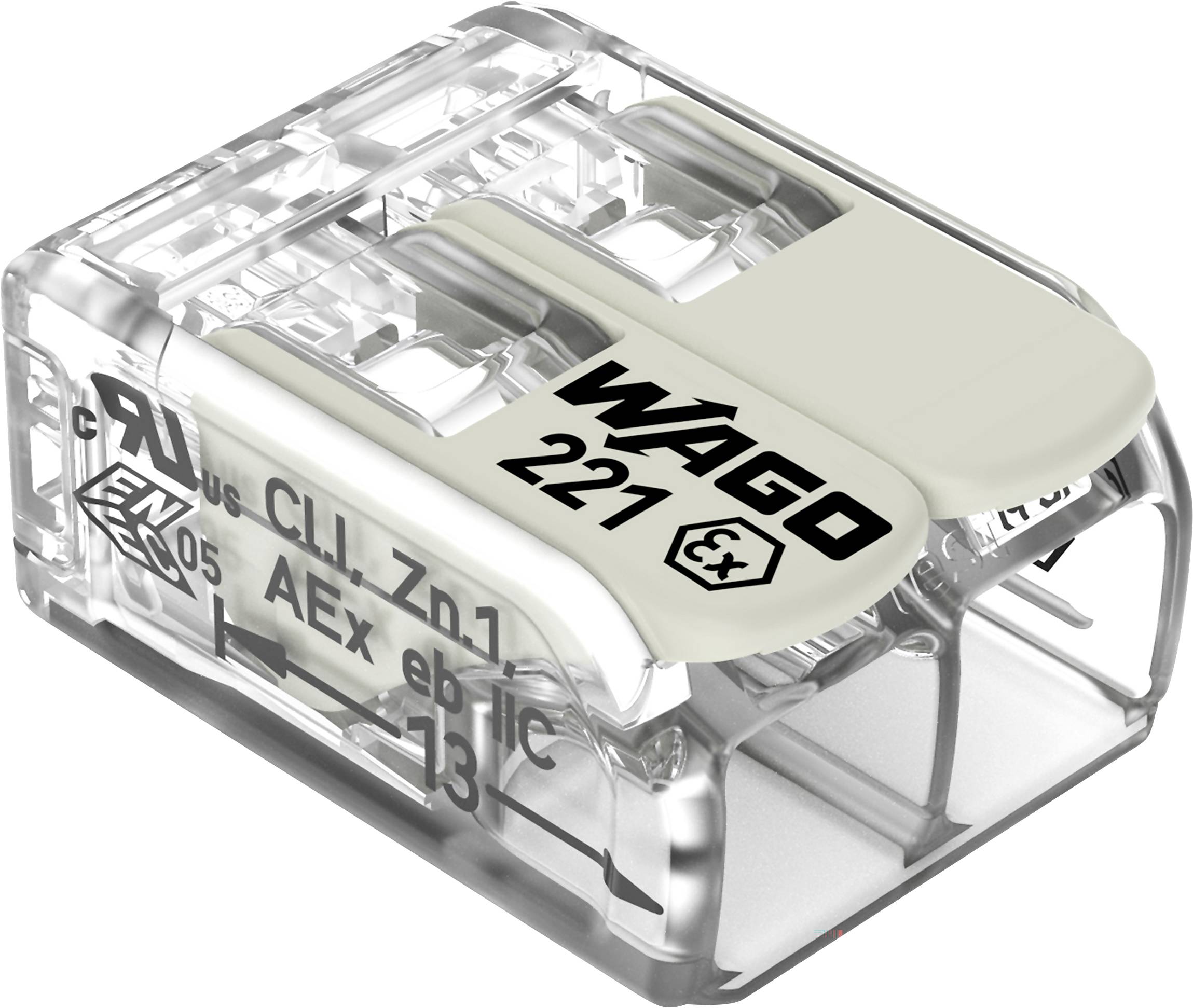Transparentní konektor pro vedení označený „WAGO 221" zobrazující více vstupních bodů pro vodiče a elektrické označení pro snadné připojení.