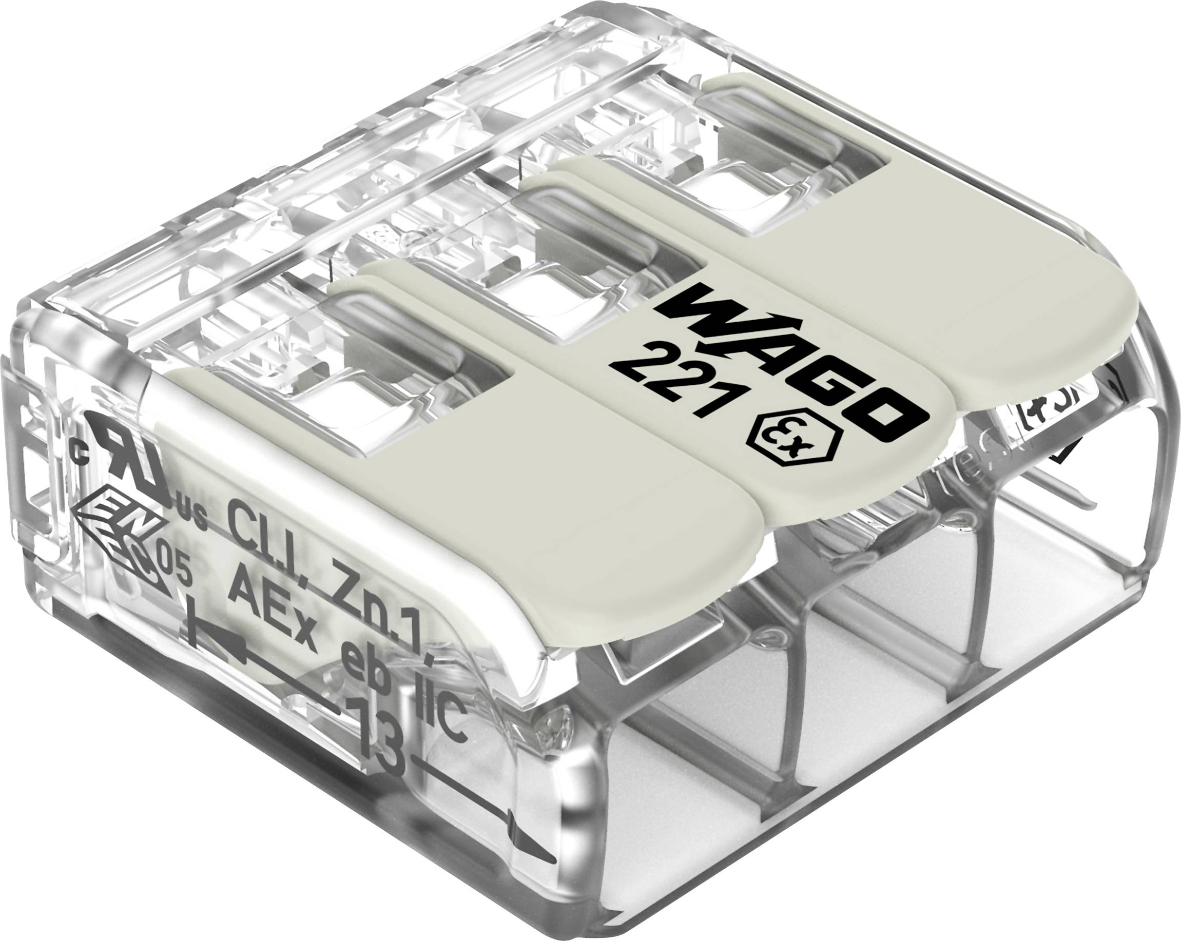 Transparentní elektrický konektor se třemi porty označenými 'WAGO 221'. Navržen pro efektivní a bezpečné spojení vodičů.