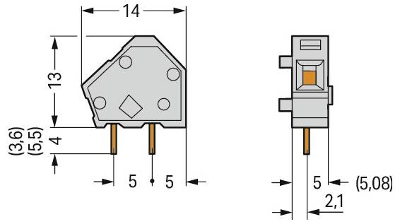 Diagram elektronické součástky zobrazující rozměry. Přední pohled: šířka 14 mm, výška 13 mm. Boční pohled: hloubka 5,08 mm, délka vývodů se pohybuje od 3,6 mm do 5,5 mm.