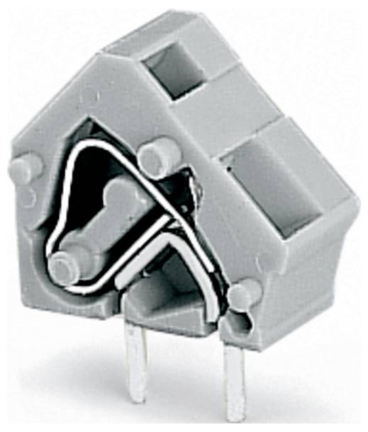 Šedá elektrická součástka se dvěma kolíky a specifickým geometrickým designem, pravděpodobně konektor nebo svorkovnice pro obvodové aplikace.