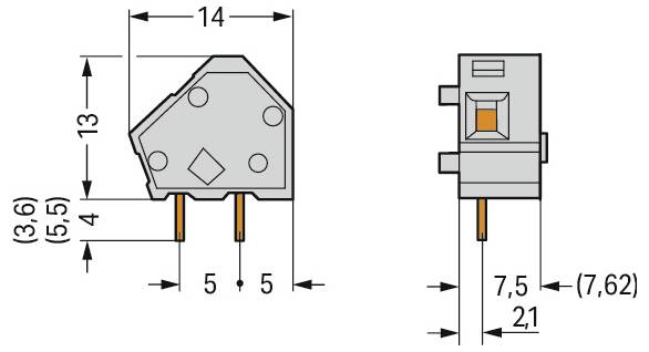 Schéma elektronické součástky zobrazující rozměry: šířka 14 mm, výška 13 mm, základna 4 mm. Kolíky konektoru rozmístěny v intervalech 5 mm.