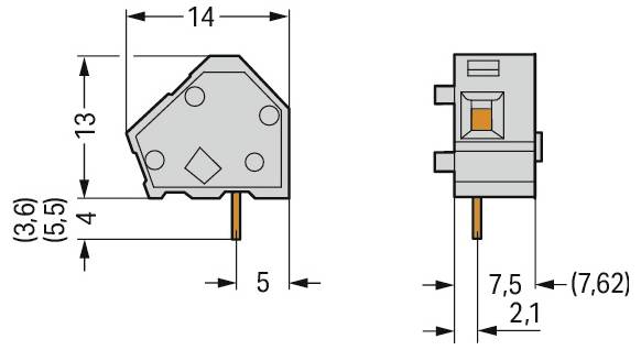 Technický diagram znázorňující rozměry elektrické součástky: výška 13 mm, šířka 14 mm, hloubka 4 mm, další měření 5 mm, 7,5 mm, 7,62 mm, 2,1 mm.