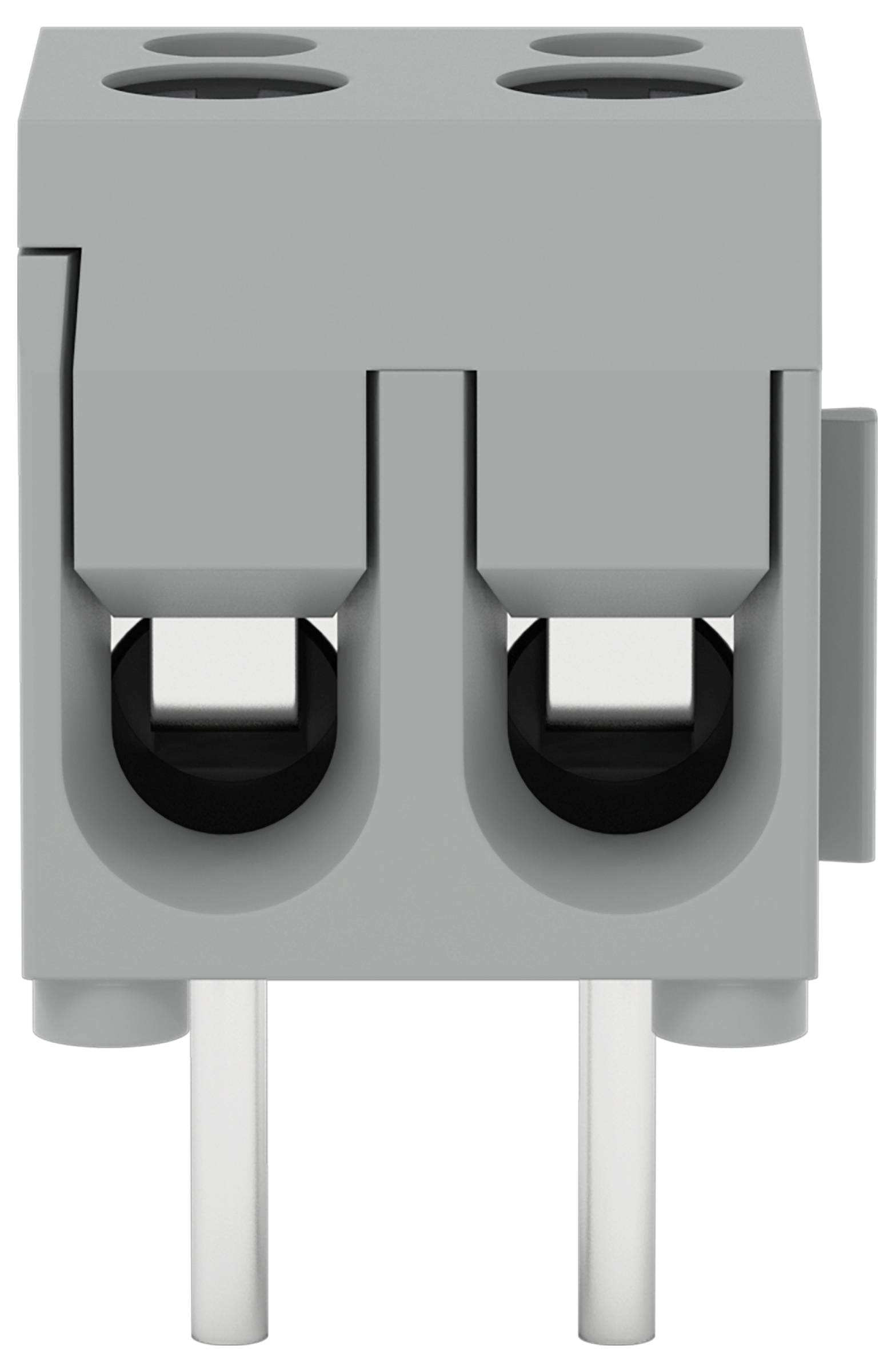 Šedý elektrický svorkovnicový blok se dvěma sloty pro vedení a kovovými kolíky pro připojení, používaný v elektrických obvodech pro bezpečné vedení.