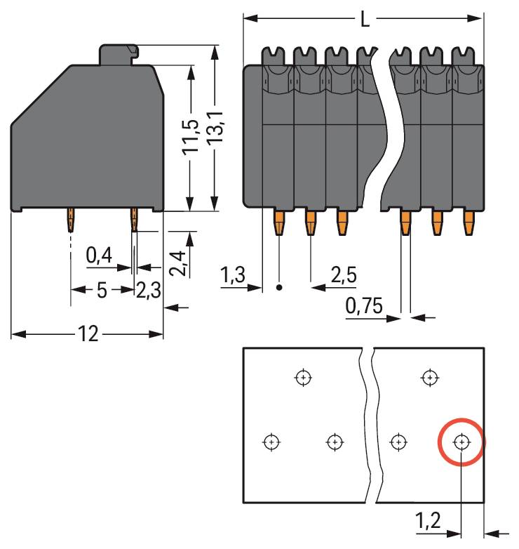 Diagram elektronické součástky s rozměry v milimetrech. Zobrazuje přední a boční pohled s přesnými rozměry a rozvržením kolíků.