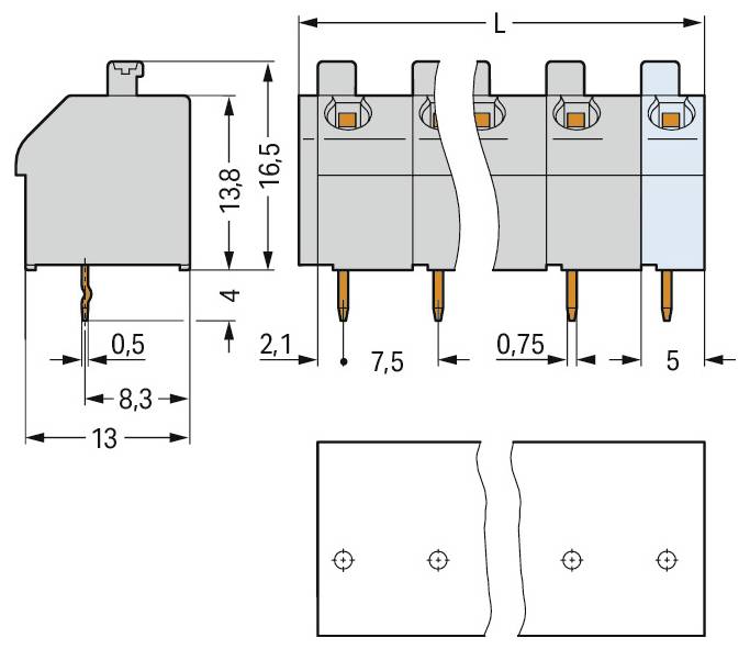 Technický diagram konektoru zobrazující rozměry v milimetrech, včetně výšek 13,8 a 16,5, šířek 8,3 a 5,0.