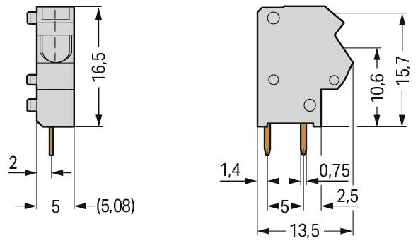 'Diagram elektronické součástky s rozměry: výška 12,7 mm, šířka 3,9 mm, části 2 mm a 0,4 mm, a rozestup 3,5 mm.'