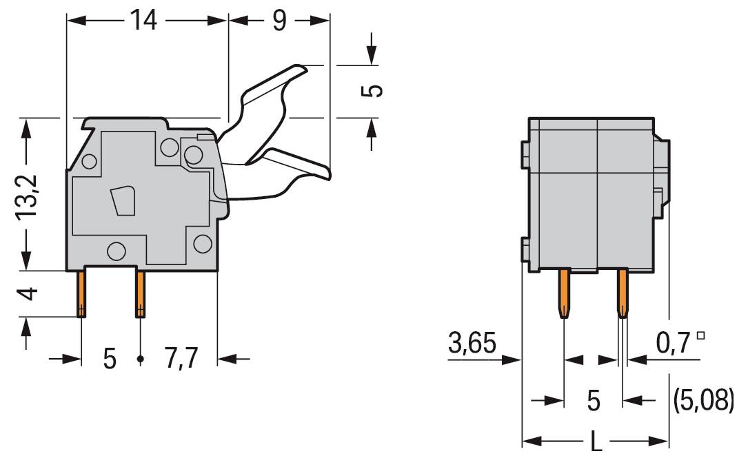 Technický výkres elektrické součástky s rozměry: šířka 14 mm, výška 13,2 mm, hloubka 9 mm. Délka nožičky 7,7 mm, rozteč 5 mm.