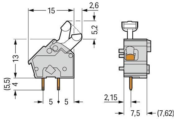 Technický diagram elektrické součástky s rozměry. Čelní pohled: 15x5,5 mm. Boční pohled: 7,5x5,2 mm. Vývody jsou od sebe vzdáleny 5 mm.