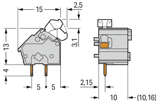 Technický diagram konektoru se třemi kolíky. Rozměry jsou vyznačeny: šířka 2,1 mm, délka 3,5 mm, celková výška 13,6 mm.