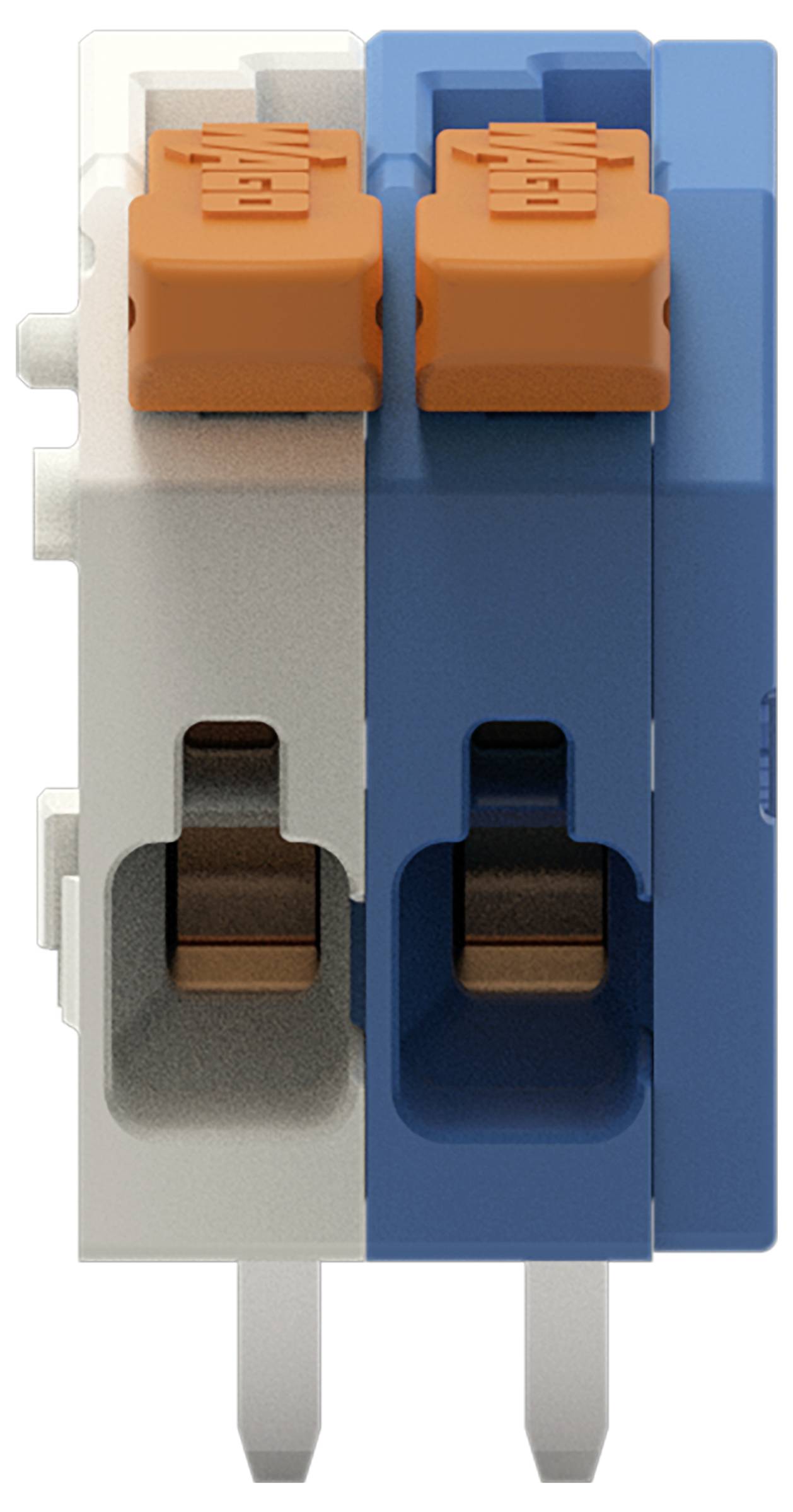 Detailní pohled na duální elektrický konektor s bílým a modrým modulem s oranžovými tlačítky na vrcholu.