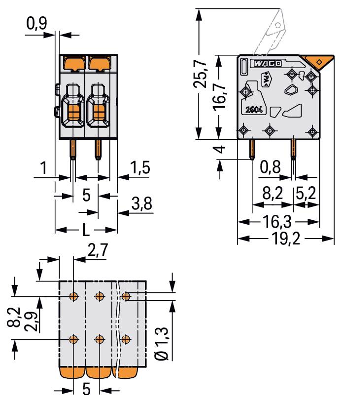 Technický diagram konektoru WAGO se zobrazením rozměrů v milimetrech: šířka 8,2, délka 26,1, výška 19,2 a rozteč vývodů.