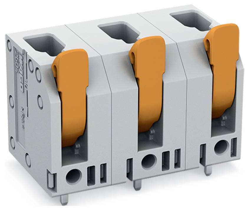 Šedý elektrický konektorový blok se třemi oranžovými pákami určenými pro zapojování.